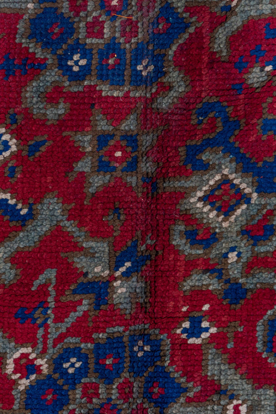 7' x 9' one-of-a-kind handmade vintage Oushak rug. Color palette: red, cobalt, taupe, crimson, brown, ivory, blue, beige