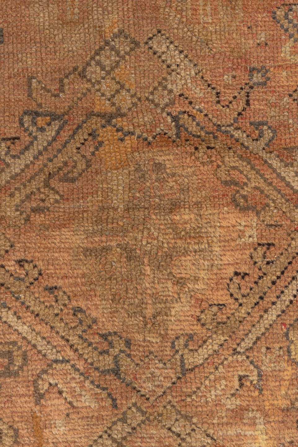 16' x 18' one-of-a-kind handmade vintage Oushak oversize rug. Color palette: peach, ivory, taupe, camel, rose, beige