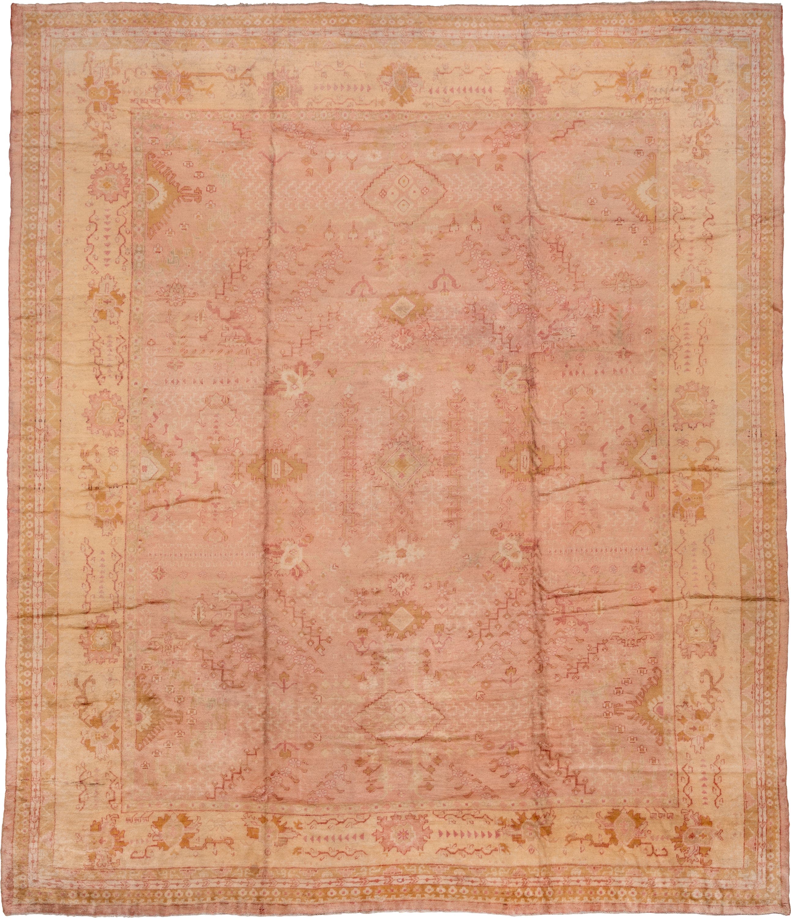 14' x 17' one-of-a-kind handmade vintage Oushak oversize rug. Color palette: blush, ivory, pale gold, rose, peach, camel