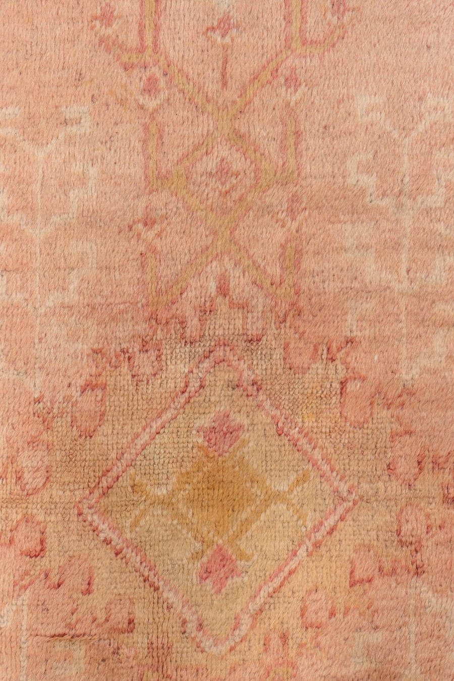 14' x 17' one-of-a-kind handmade vintage Oushak oversize rug. Color palette: blush, ivory, pale gold, rose, peach, camel