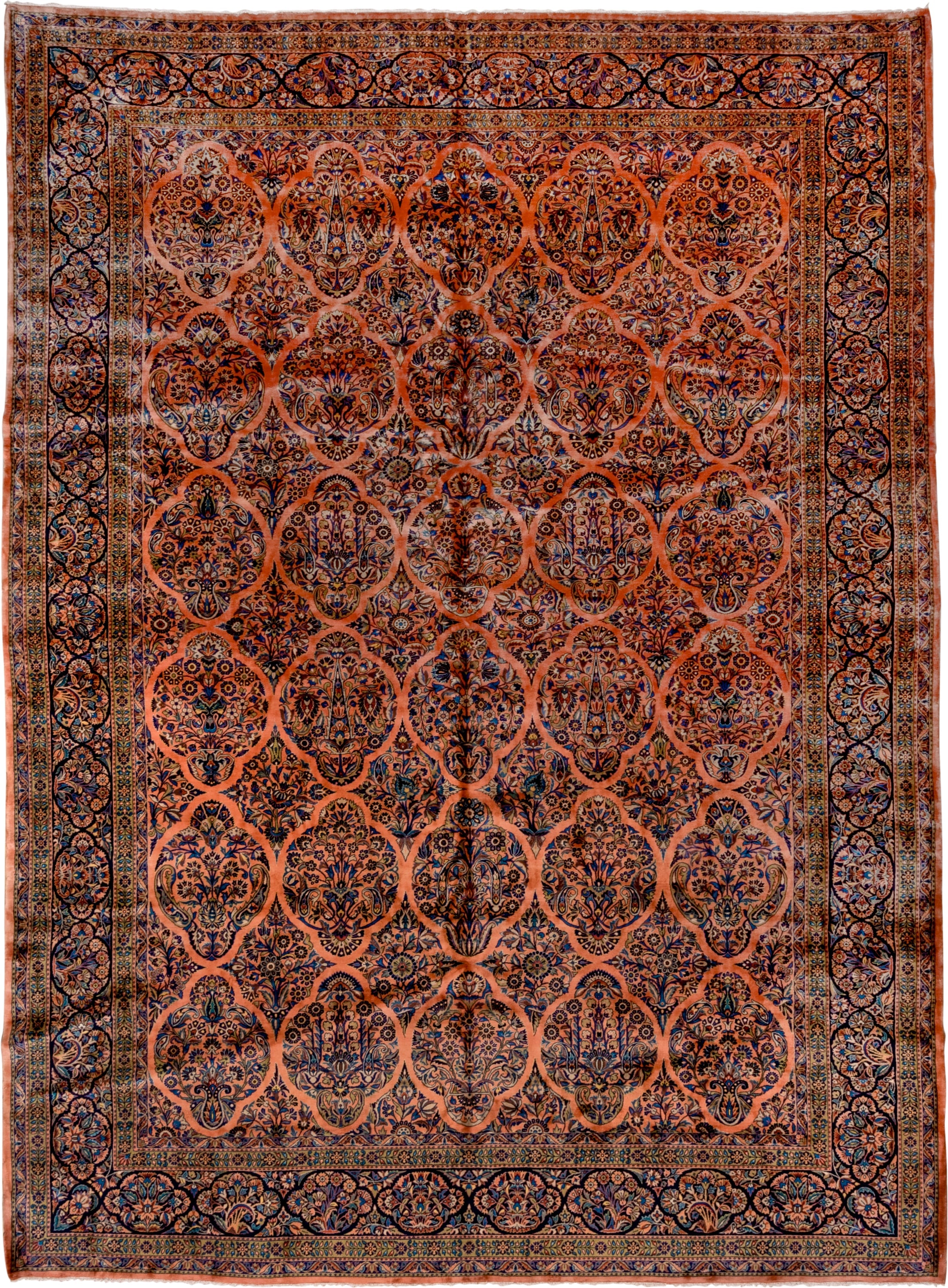 10' x 13' one-of-a-kind handmade vintage Kashan large size rug. Color palette: terra cotta, navy, ivory, cobalt, rust, camel