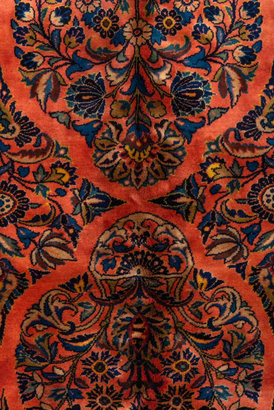 10' x 13' one-of-a-kind handmade vintage Kashan large size rug. Color palette: terra cotta, navy, ivory, cobalt, rust, camel
