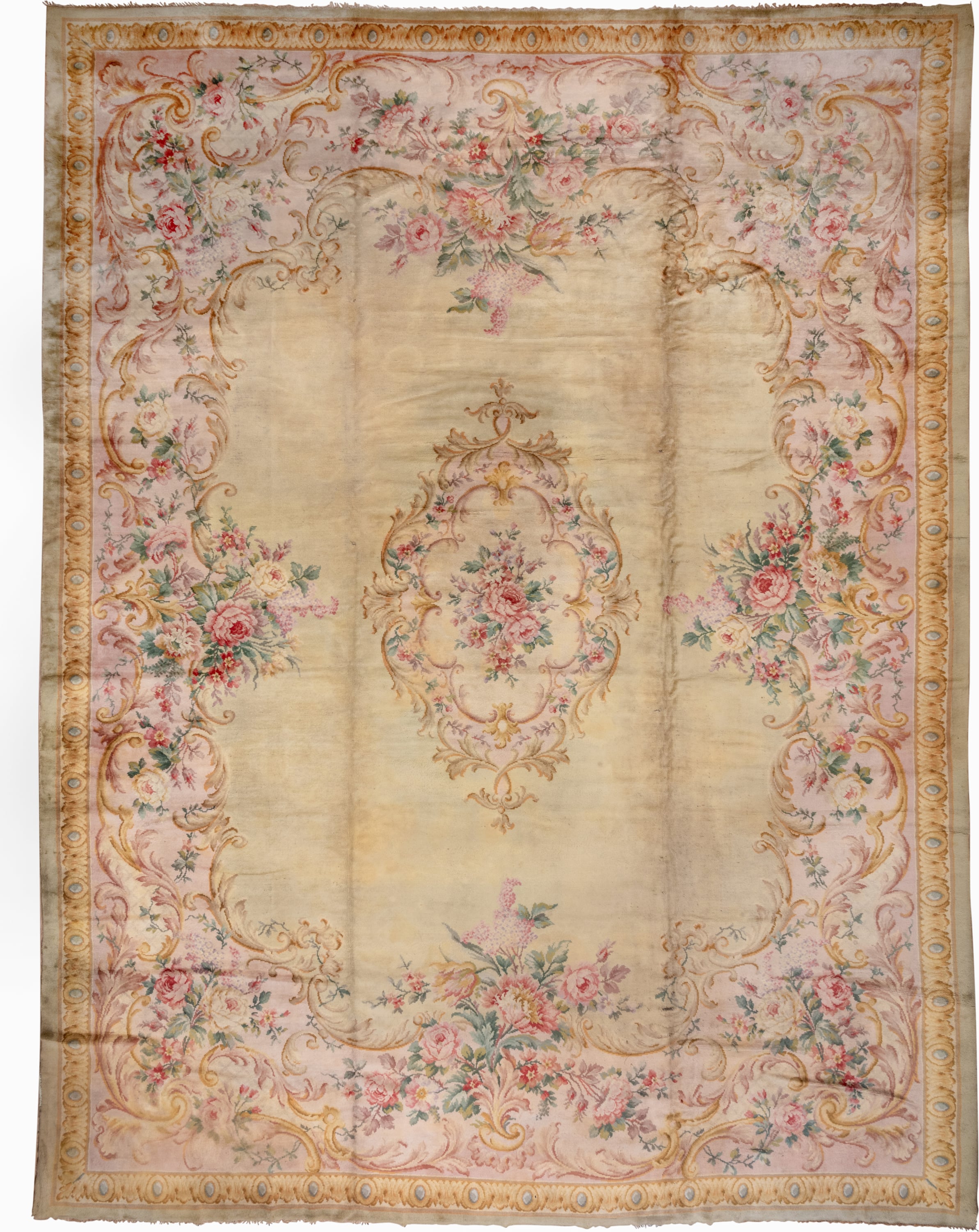 14' x 19' one-of-a-kind handmade vintage Spanish oversize rug. Color palette: ivory, blush, gold, rose, sage, cream, taupe