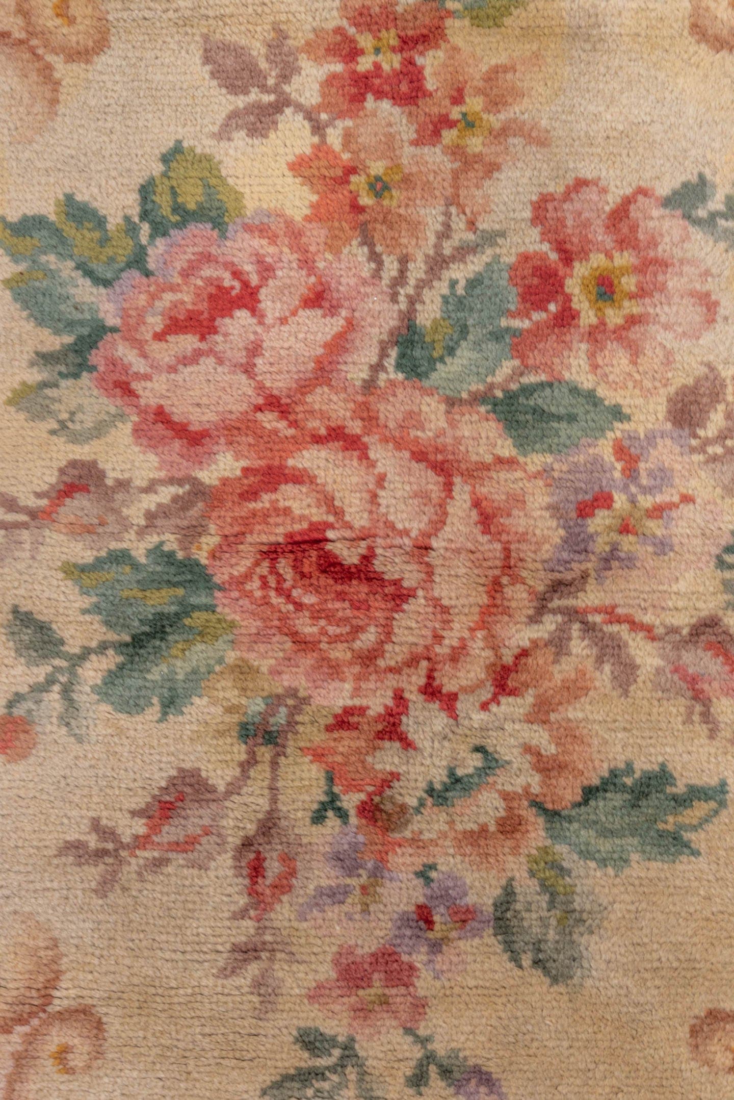 14' x 19' one-of-a-kind handmade vintage Spanish oversize rug. Color palette: ivory, blush, gold, rose, sage, cream, taupe
