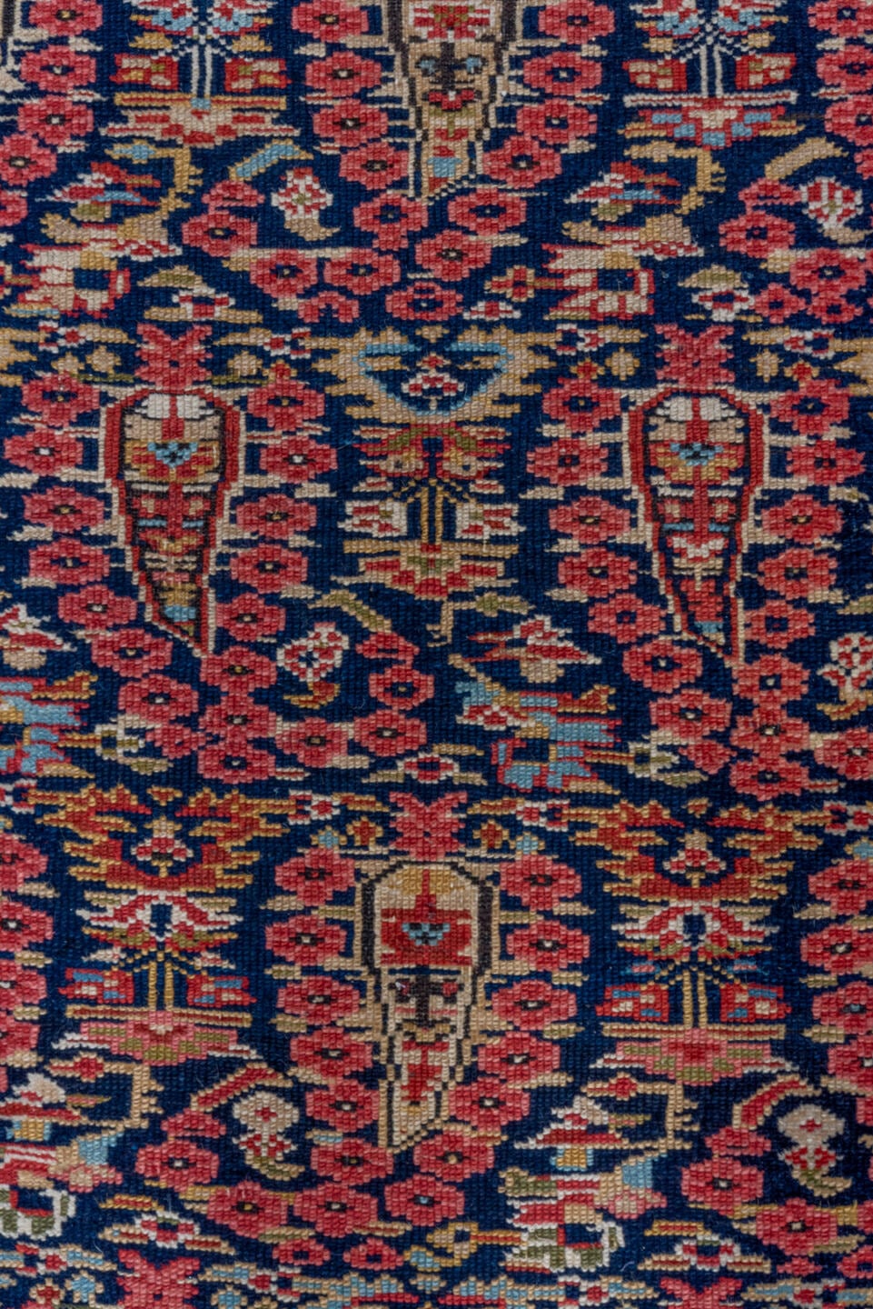 3' x 12' one-of-a-kind handmade vintage Malayer runner rug. Color palette: navy, rust, ivory, coral, camel, sky_blue, gold