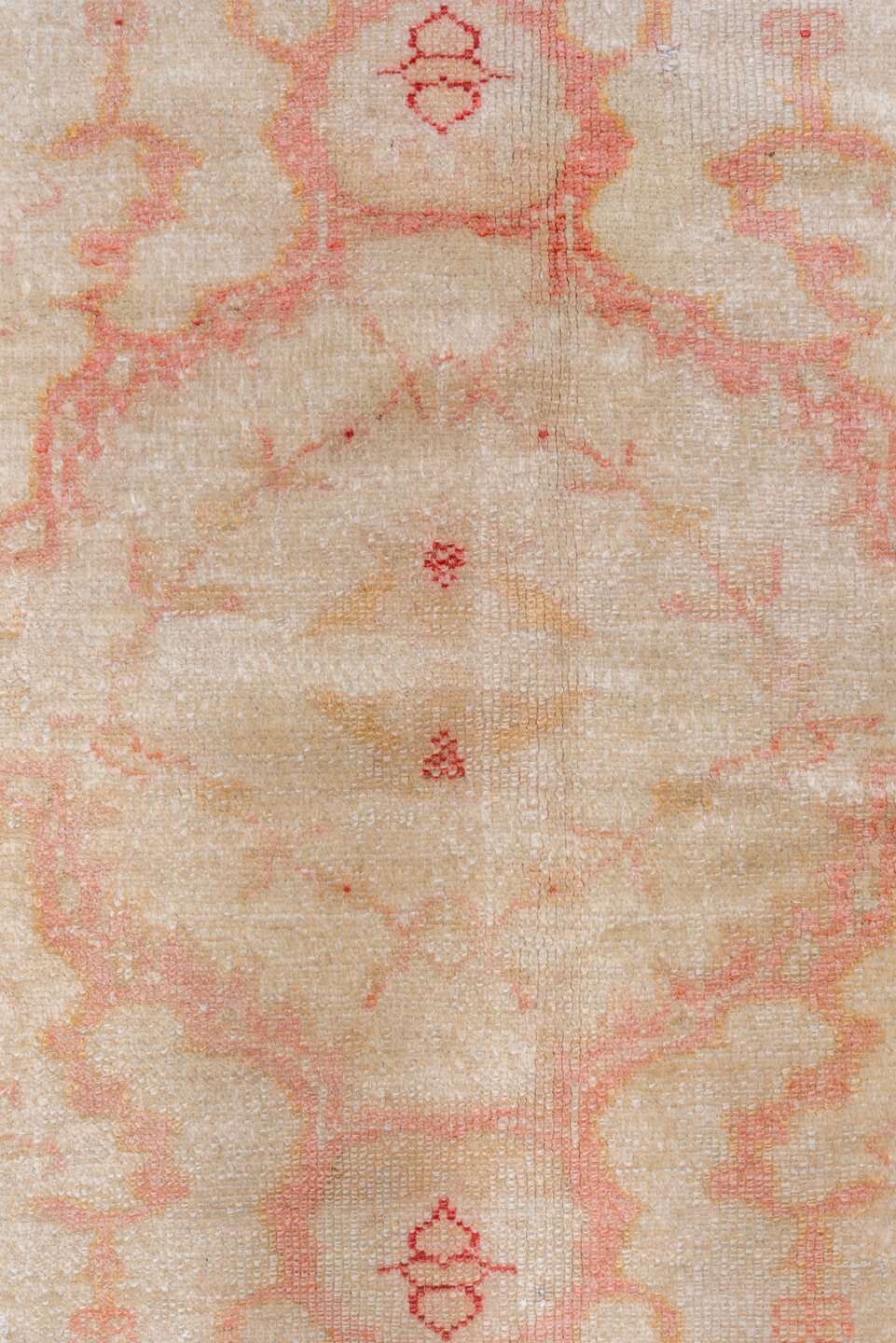 7' x 10' one-of-a-kind handmade vintage Oushak large size rug. Color palette: ivory, blush, peach, apricot, pale gold, rose