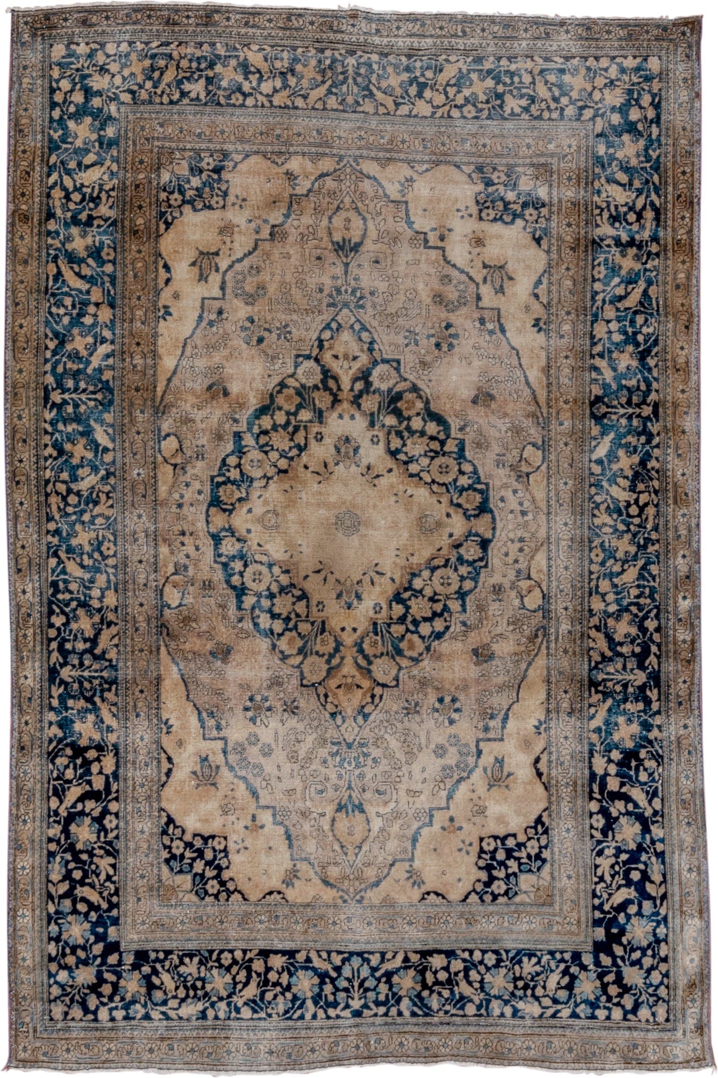 4' x 6' one-of-a-kind handmade vintage Mohtasham Kashan rug. Color palette: ivory, navy, beige, slate, taupe, camel, blue
