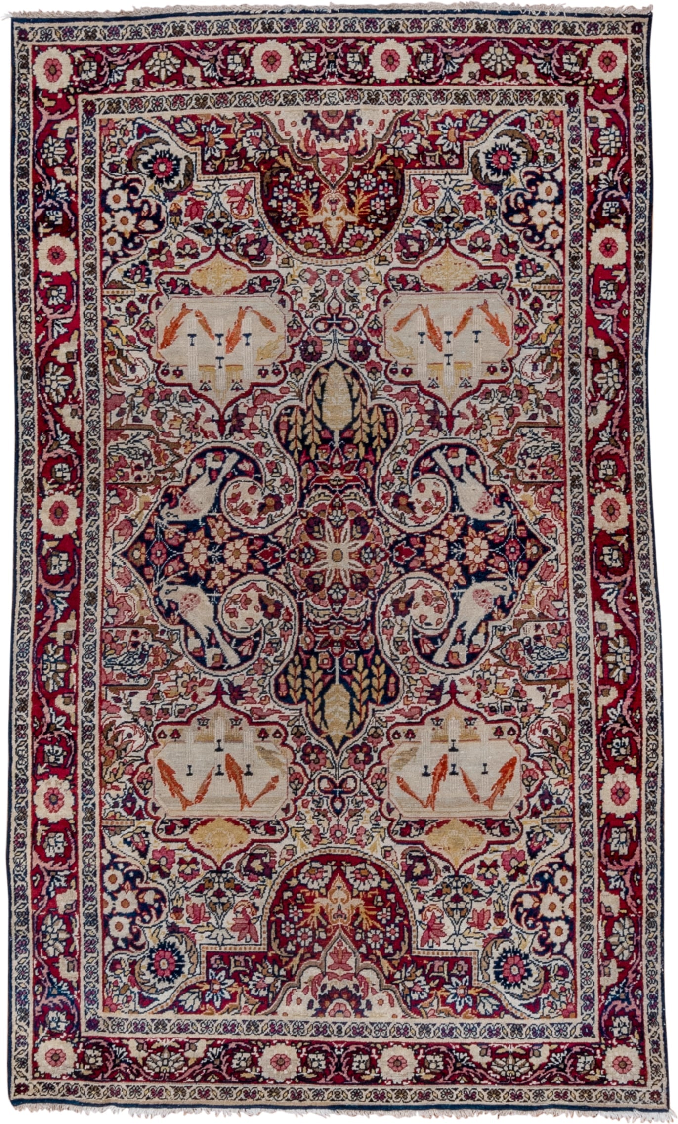 4' x 7' one-of-a-kind handmade vintage Yazd rug. Color palette: ivory, crimson, navy, rose, gold, burgundy, camel, red, blue