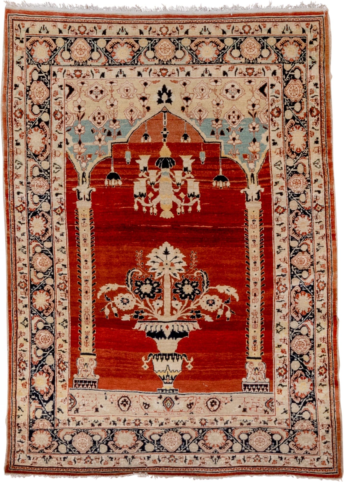 4' x 5' one-of-a-kind handmade vintage Tabriz rug. Color palette: rust, ivory, navy, camel, sky_blue, terracotta, charcoal
