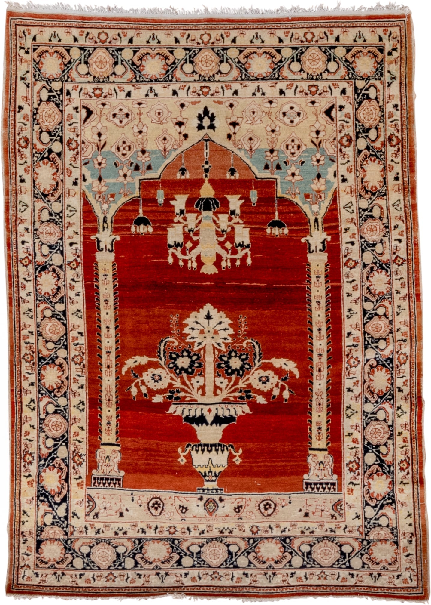 4' x 5' one-of-a-kind handmade vintage Tabriz rug. Color palette: rust, ivory, navy, camel, sky_blue, terracotta, charcoal