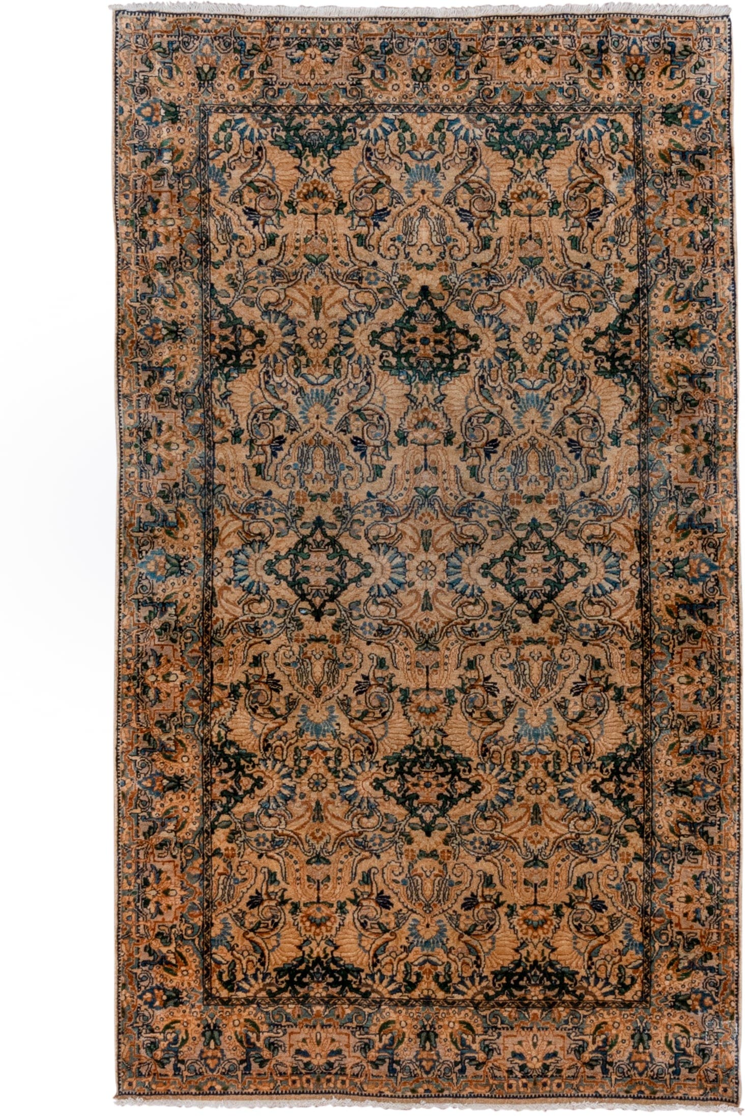 3' x 6' one-of-a-kind handmade vintage Kerman rug. Color palette: camel, teal, slate, brown, ivory, charcoal, beige, gray
