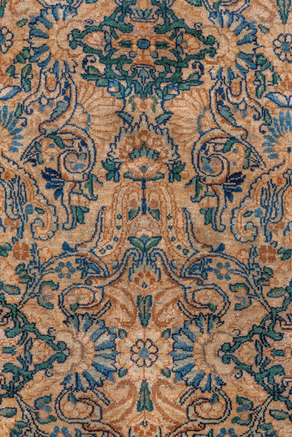 3' x 6' one-of-a-kind handmade vintage Kerman rug. Color palette: camel, teal, slate, brown, ivory, charcoal, beige, gray