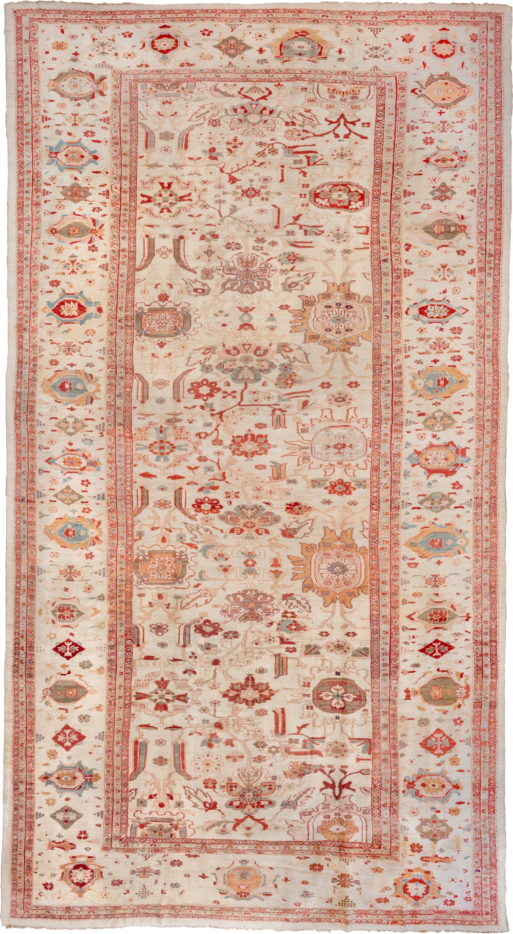 14' x 26' one-of-a-kind handmade vintage Sultanabad oversize rug. Color palette: ivory, rust, coral, taupe, pale blue, camel