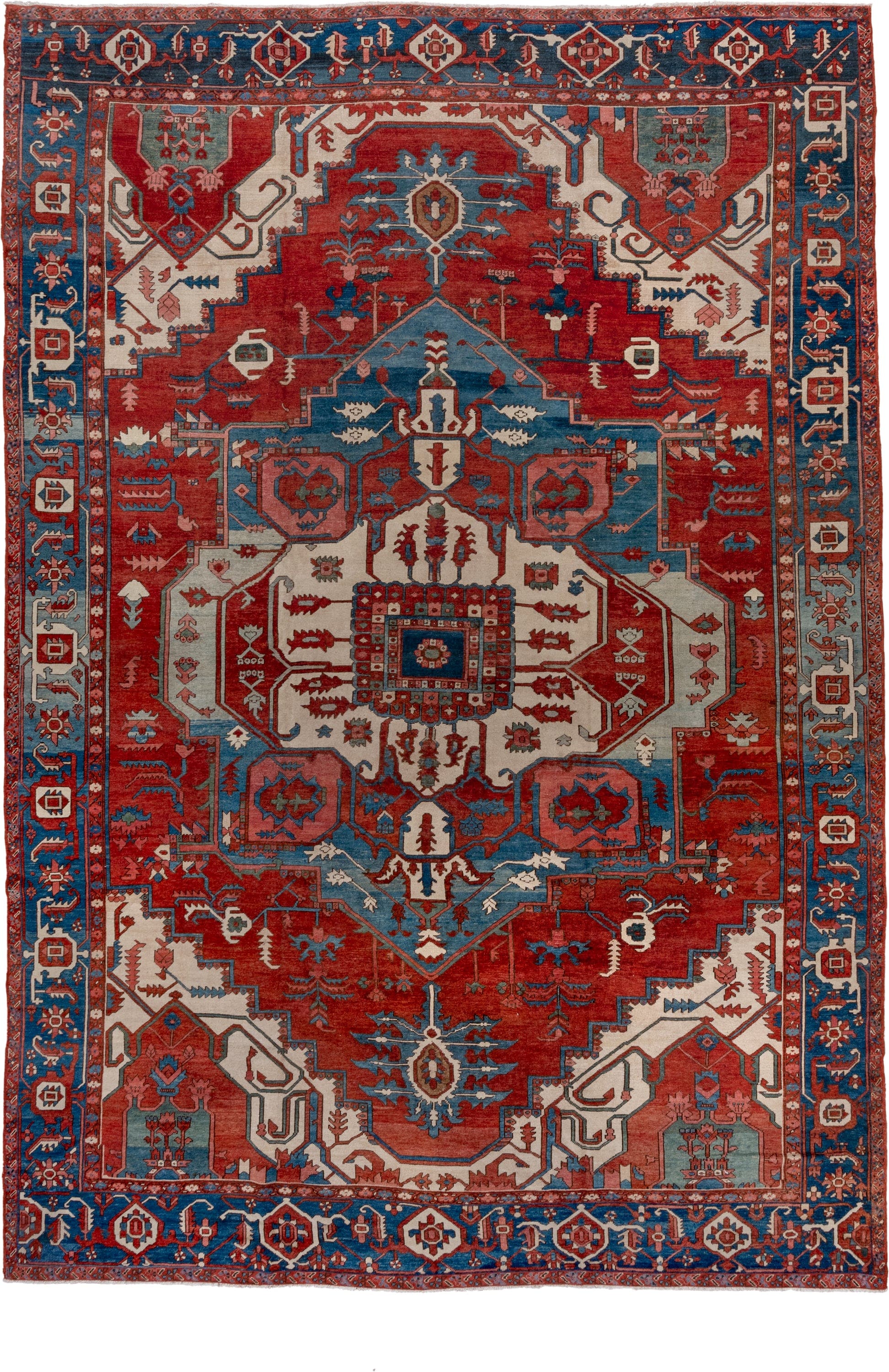 10' x 15' one-of-a-kind handmade vintage Serapi rug. Color palette: rust, sky blue, ivory, crimson, slate, rose, navy