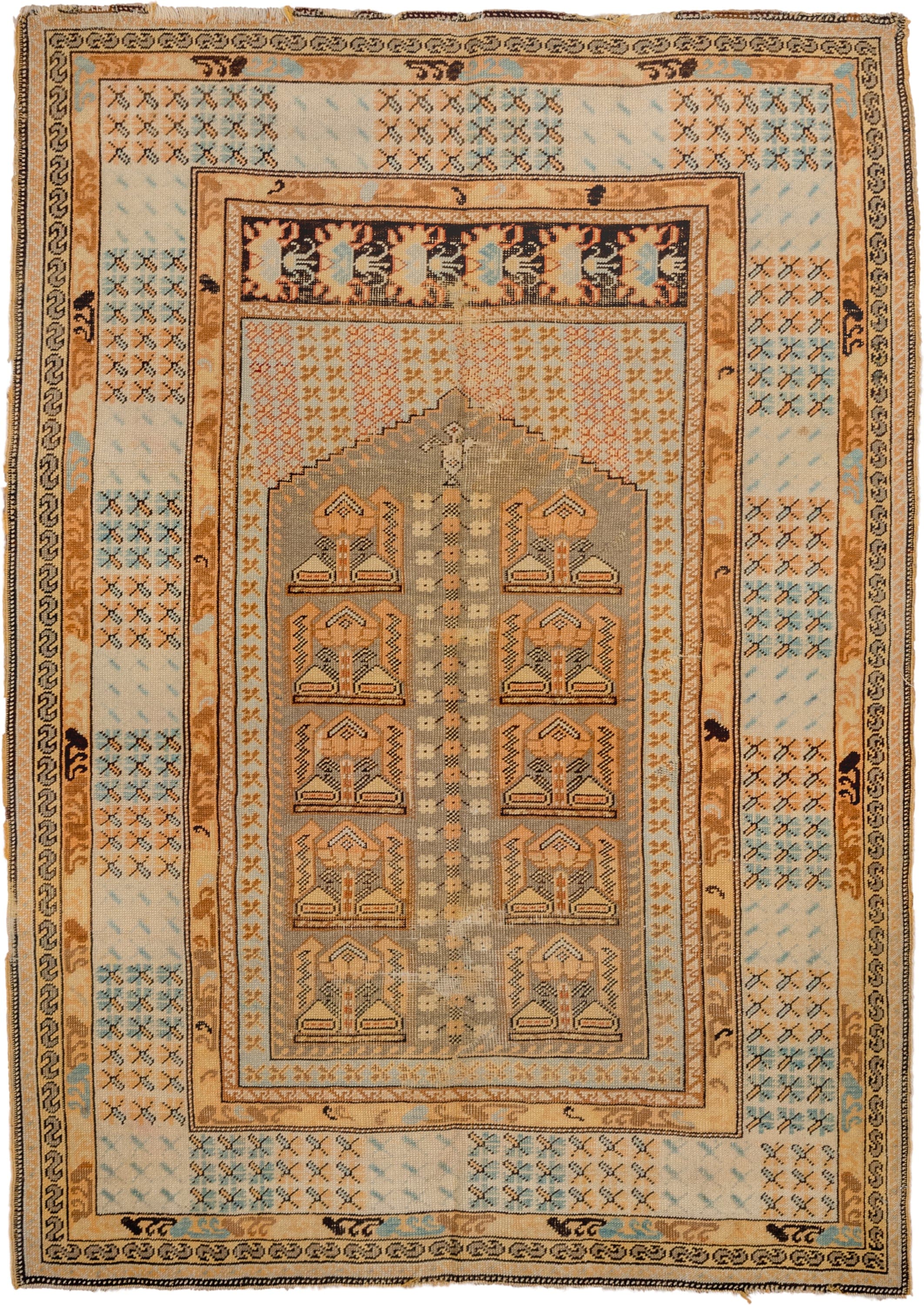 4' x 5' one-of-a-kind handmade vintage Kula small size rug. Color palette: ivory, camel, taupe, pale blue, tan, charcoal