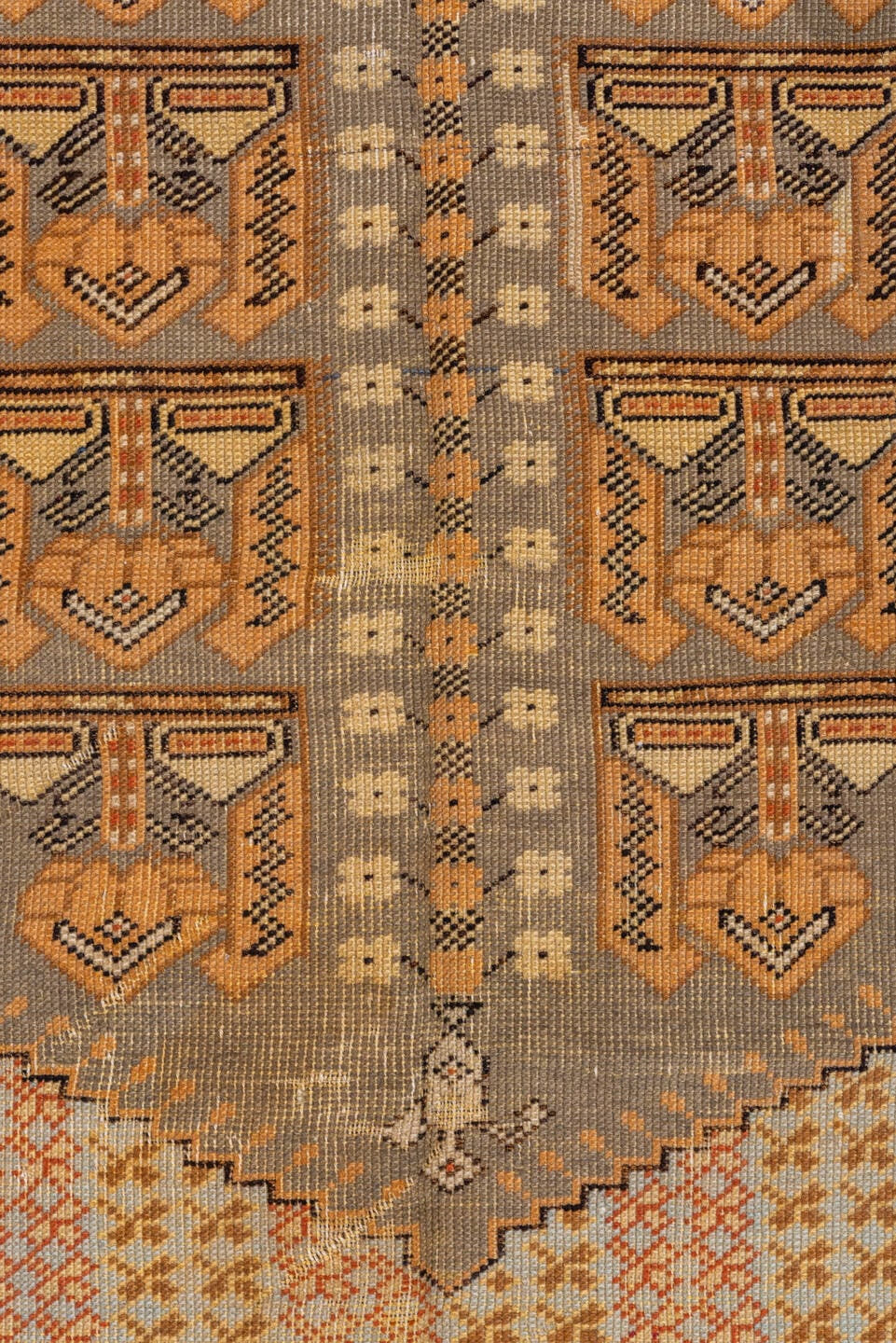 4' x 5' one-of-a-kind handmade vintage Kula small size rug. Color palette: ivory, camel, taupe, pale blue, tan, charcoal