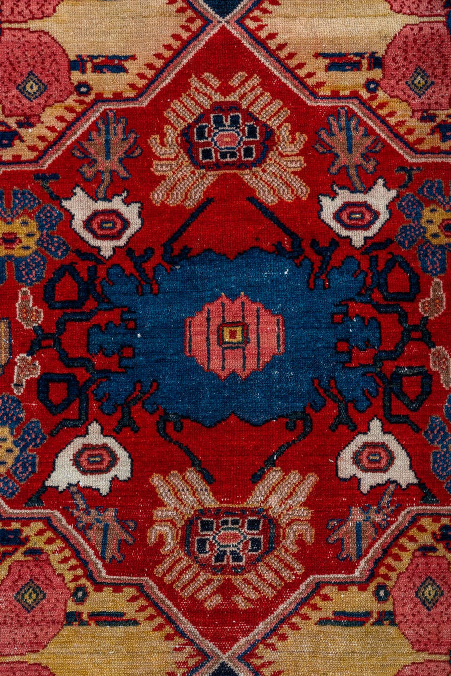 4' x 6' one-of-a-kind handmade vintage Senne rug. Color palette: red, ivory, navy, indigo, rose, camel, sky_blue, burgundy
