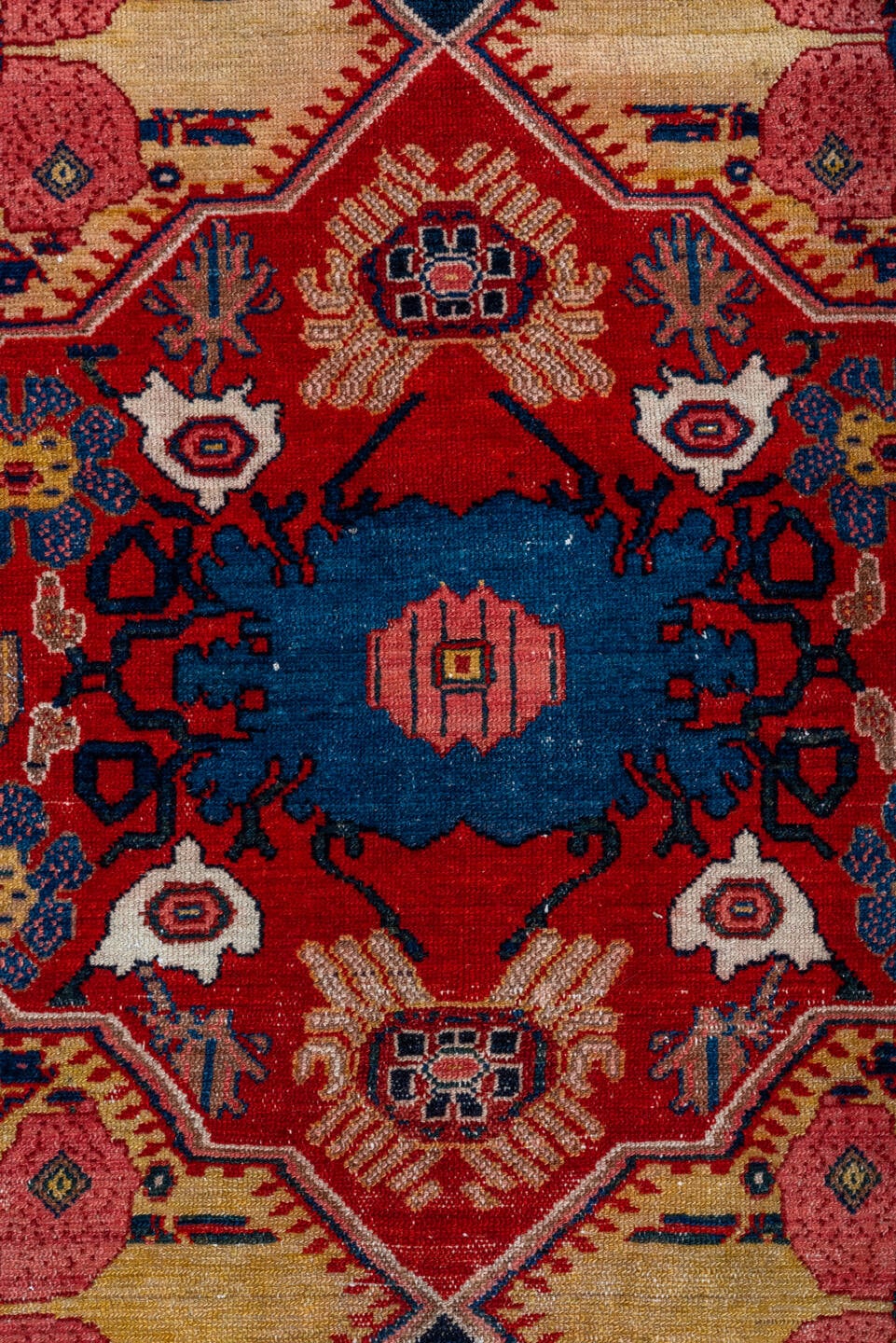 4' x 6' one-of-a-kind handmade vintage Senne rug. Color palette: red, ivory, navy, indigo, rose, camel, sky_blue, burgundy