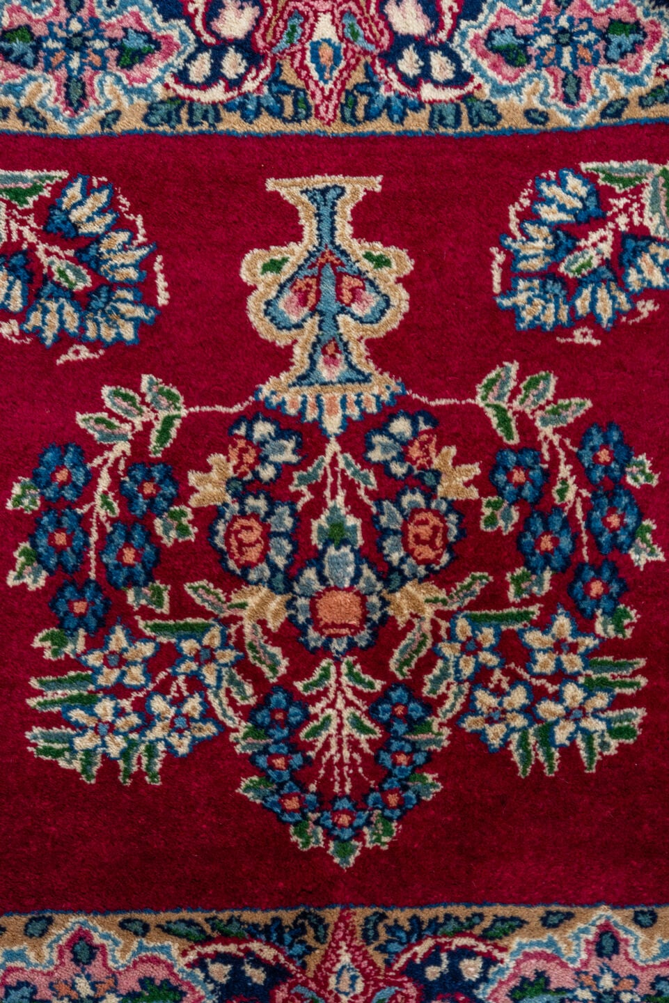 1' x 1' one-of-a-kind handmade vintage Kerman small size rug. Color palette: crimson, ivory, navy, rose, sky_blue, sage