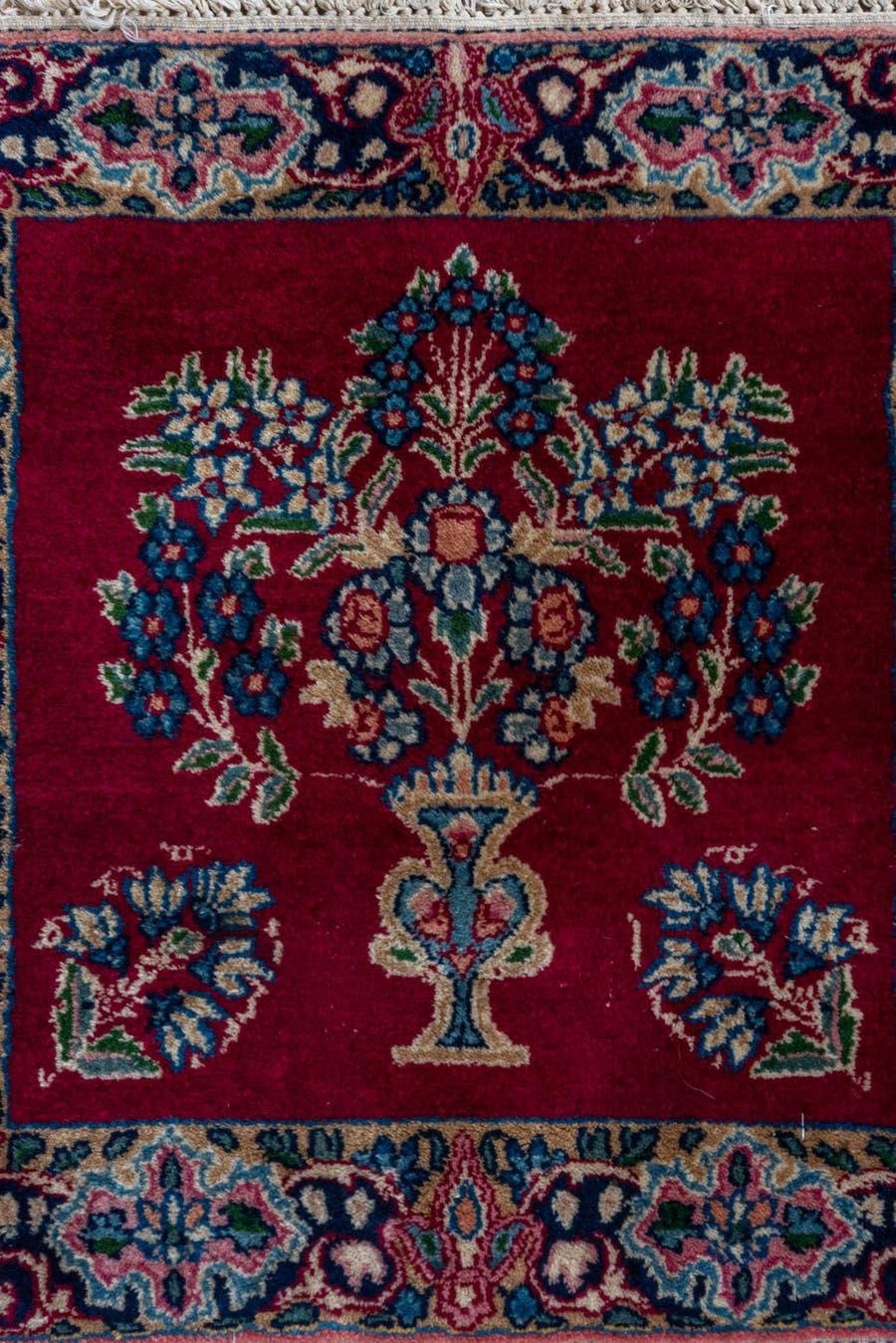 1' x 1' one-of-a-kind handmade vintage Kerman small size rug. Color palette: crimson, ivory, navy, rose, sky_blue, sage