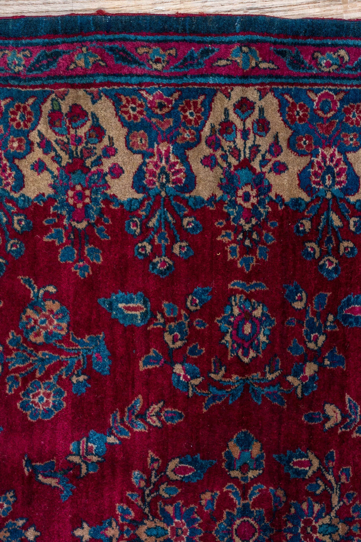 3' x 6' one-of-a-kind handmade vintage Kerman small size rug. Color palette: crimson, ivory, navy, sky blue, rose, burgundy