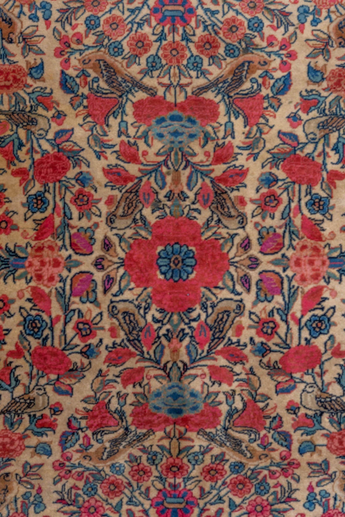 3' x 4' one-of-a-kind handmade vintage Kashan small size rug. Color palette: ivory, rose, navy, coral, sky_blue, taupe