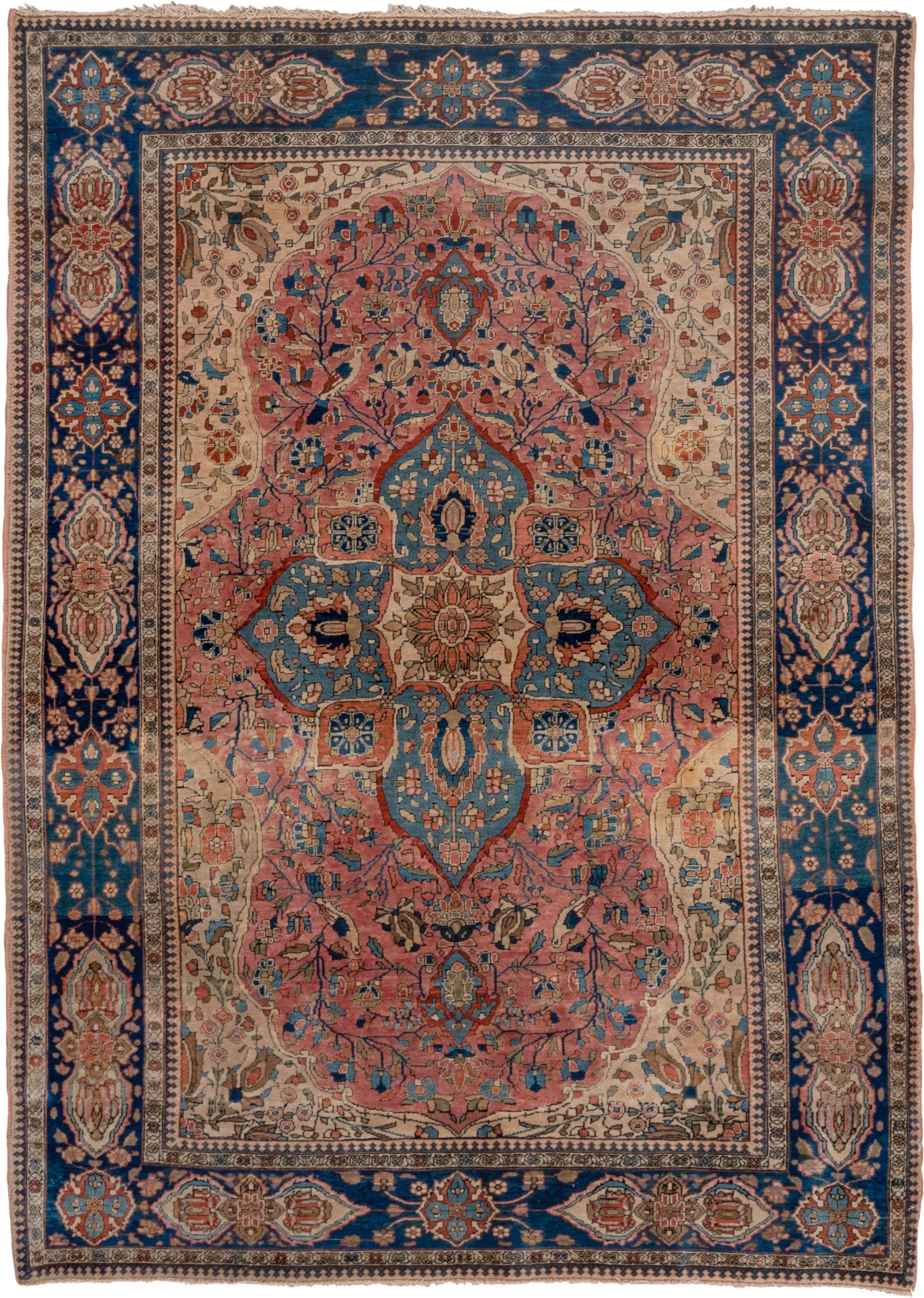 3' x 4' one-of-a-kind handmade vintage Mohtasham Kashan small size rug. Color palette: rose, navy, ivory, sky_blue, taupe