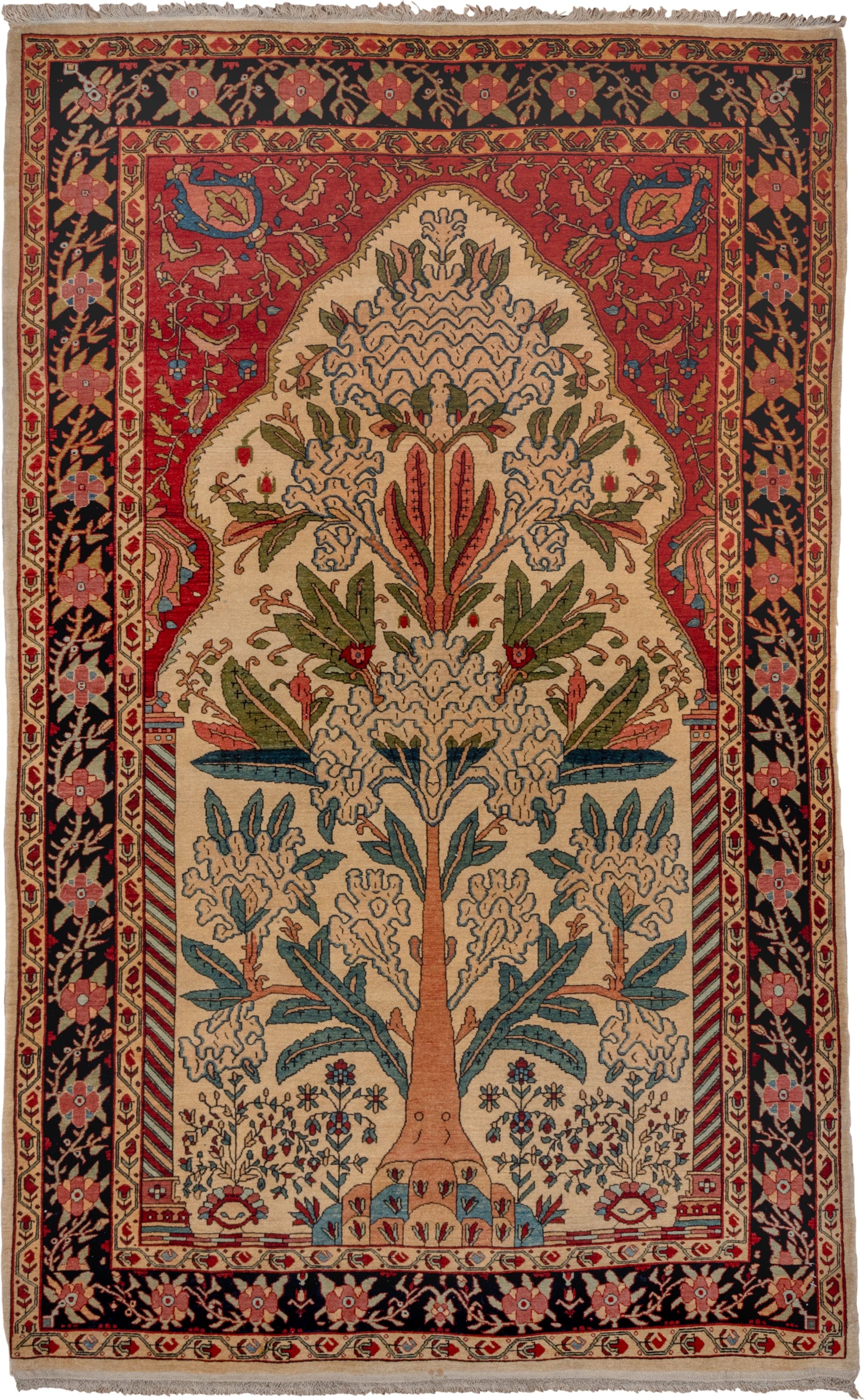 4' x 6' one-of-a-kind handmade vintage Farahan rug. Color palette: ivory, navy, red, camel, sky_blue, sage, rose, coral