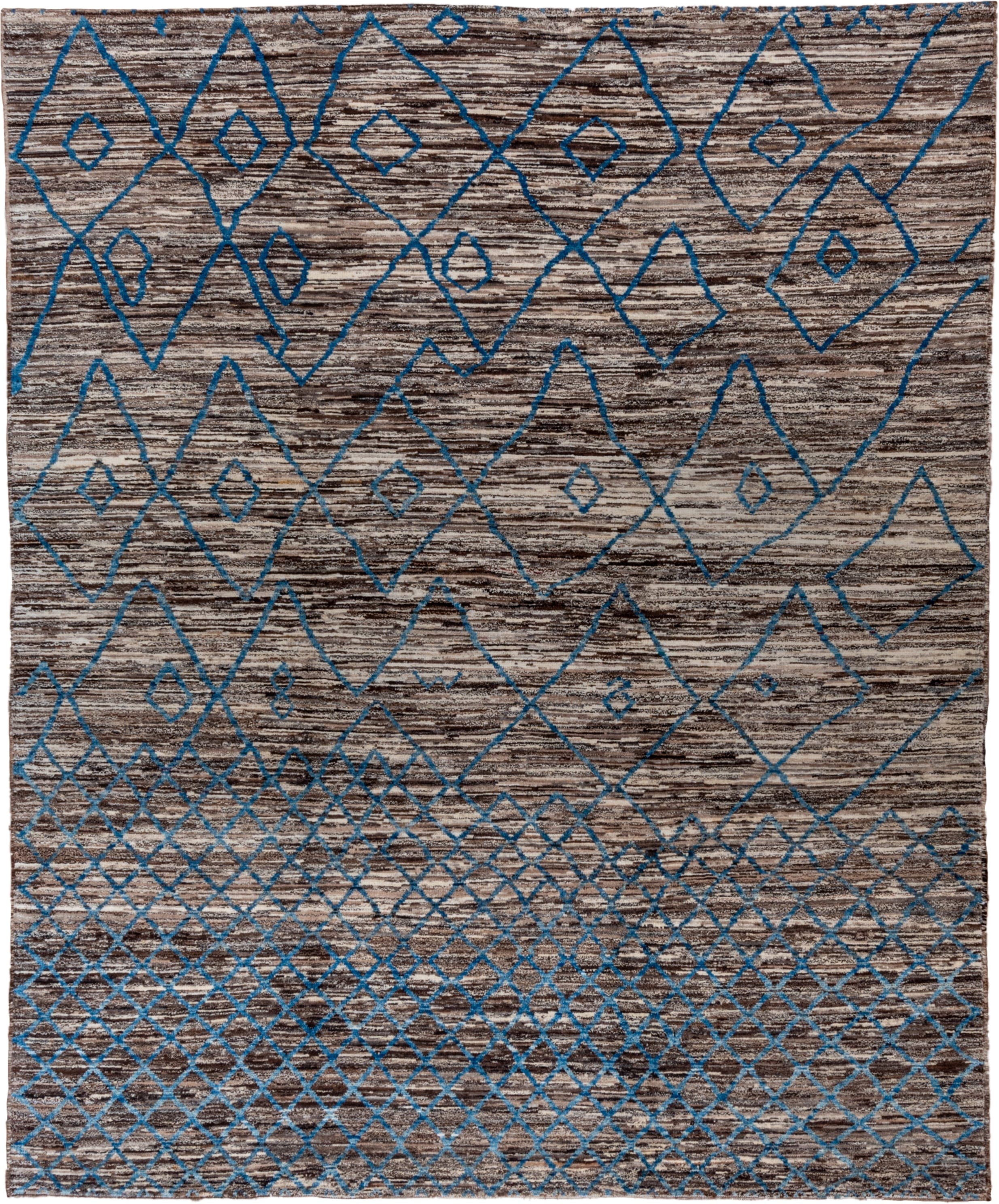 8' x 10' one-of-a-kind handmade vintage Tulu large size rug. Color palette: brown, ivory, blue, charcoal, taupe, gray, black