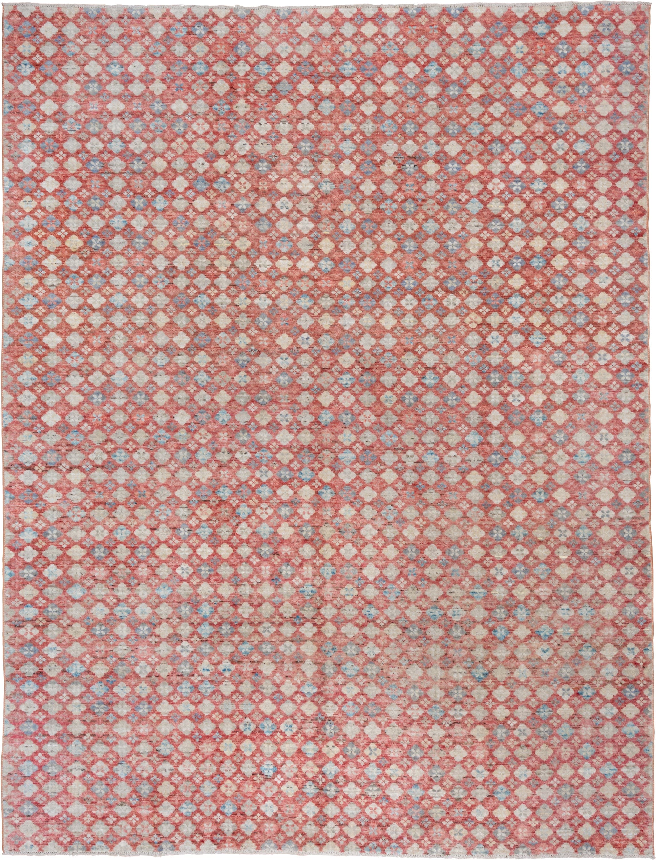 10' x 12' one-of-a-kind handmade vintage Tulu large size rug. Color palette: coral, ivory, powder_blue, rose, taupe, slate