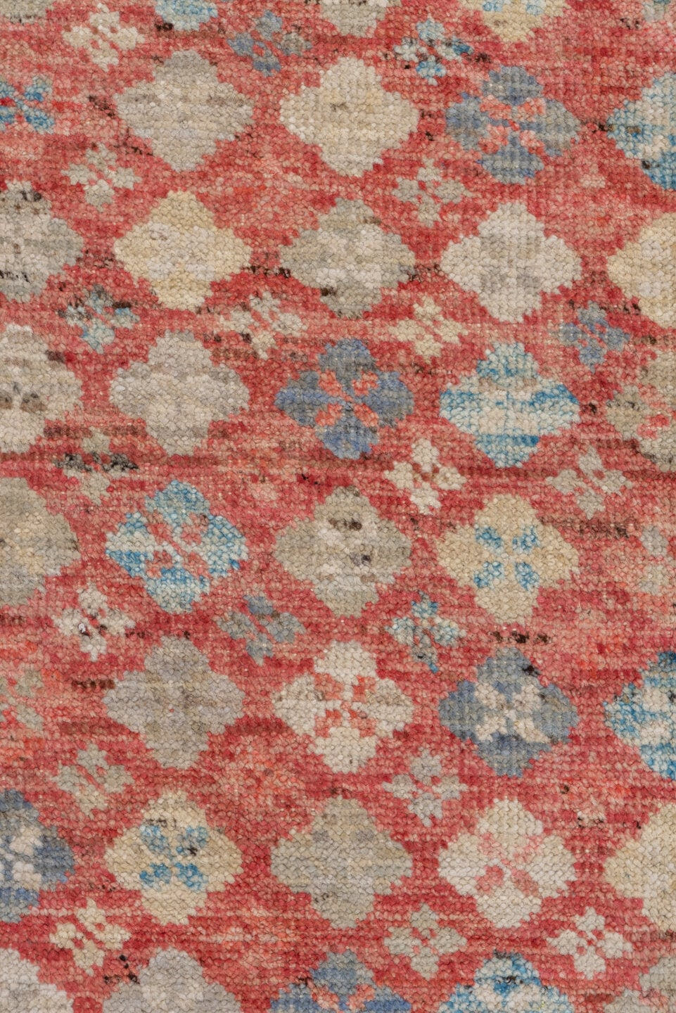 10' x 12' one-of-a-kind handmade vintage Tulu large size rug. Color palette: coral, ivory, powder_blue, rose, taupe, slate