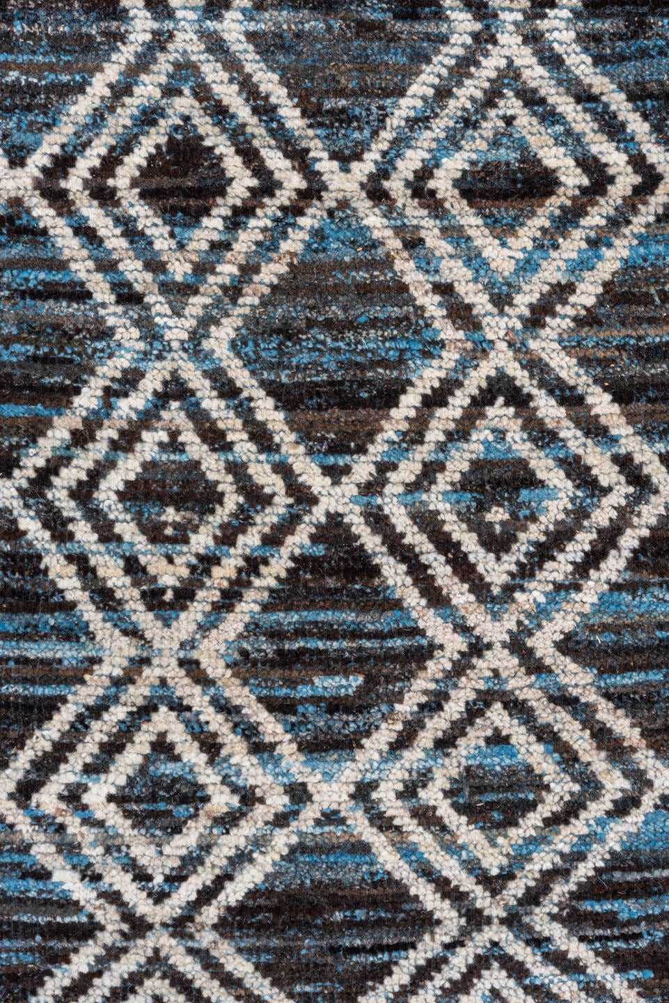 10' x 13' one-of-a-kind handmade vintage Tulu large size rug. Color palette: blue, ivory, charcoal, slate, gray, black