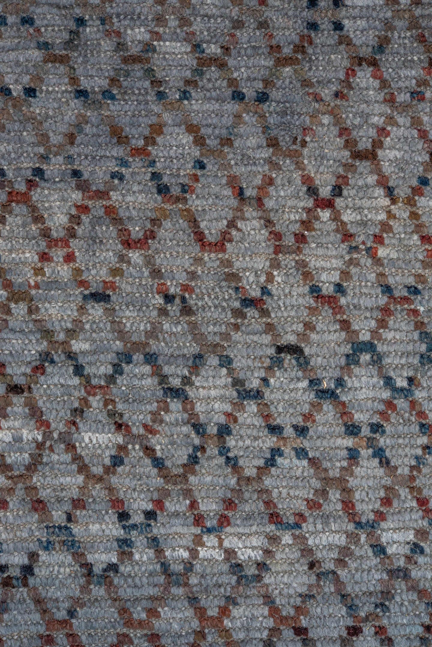 8' x 9' one-of-a-kind handmade vintage Tulu rug. Color palette: blue-gray, slate, rust, charcoal, taupe, gray, blue
