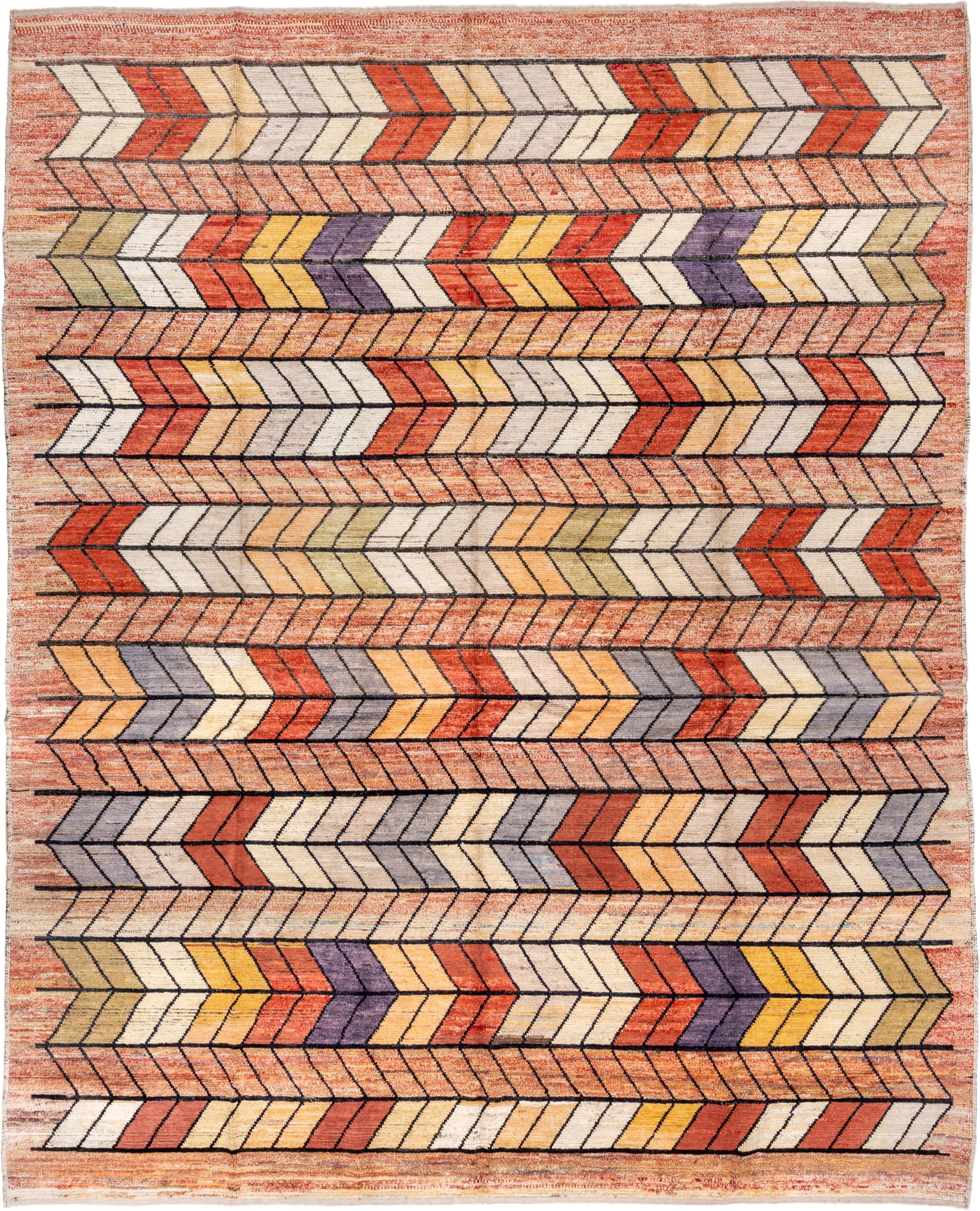 9' x 12' one-of-a-kind handmade vintage Tulu large size rug. Color palette: terra cotta, ivory, rust, peach, gold, violet