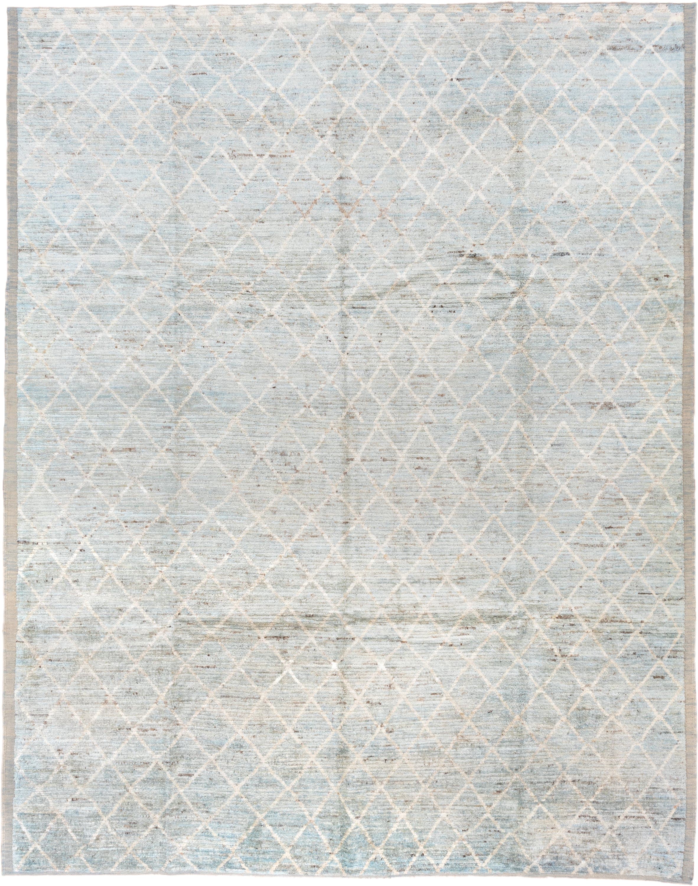 8' x 11' one-of-a-kind handmade vintage Tulu large size rug. Color palette: pale blue, ivory, taupe, beige, light gray