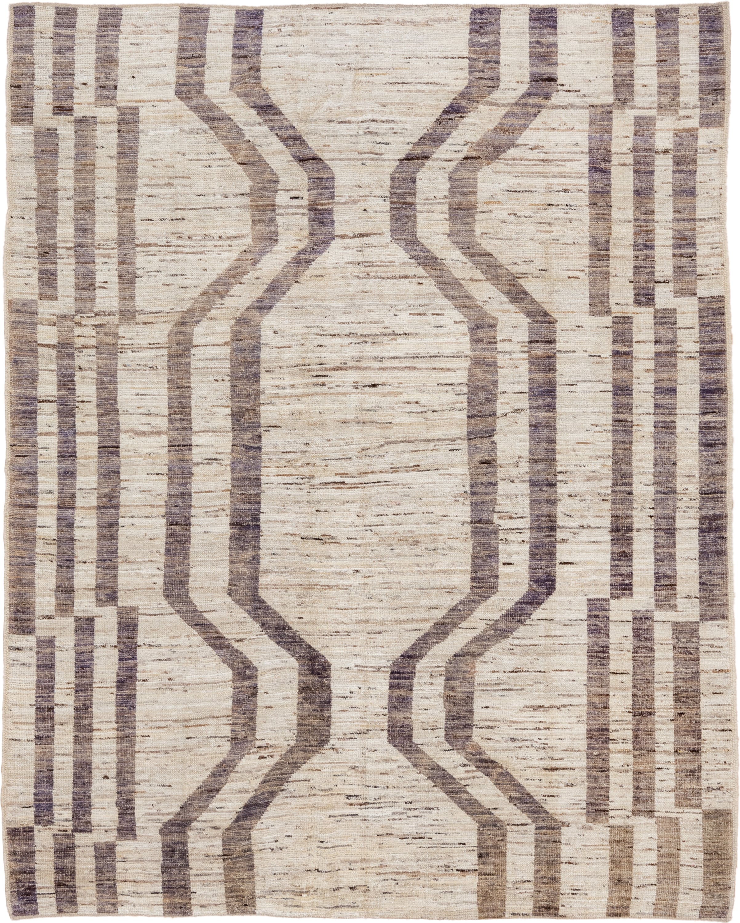 6' x 8' one-of-a-kind handmade vintage Tulu medium size rug. Color palette: ivory, taupe, brown, charcoal, beige, gray