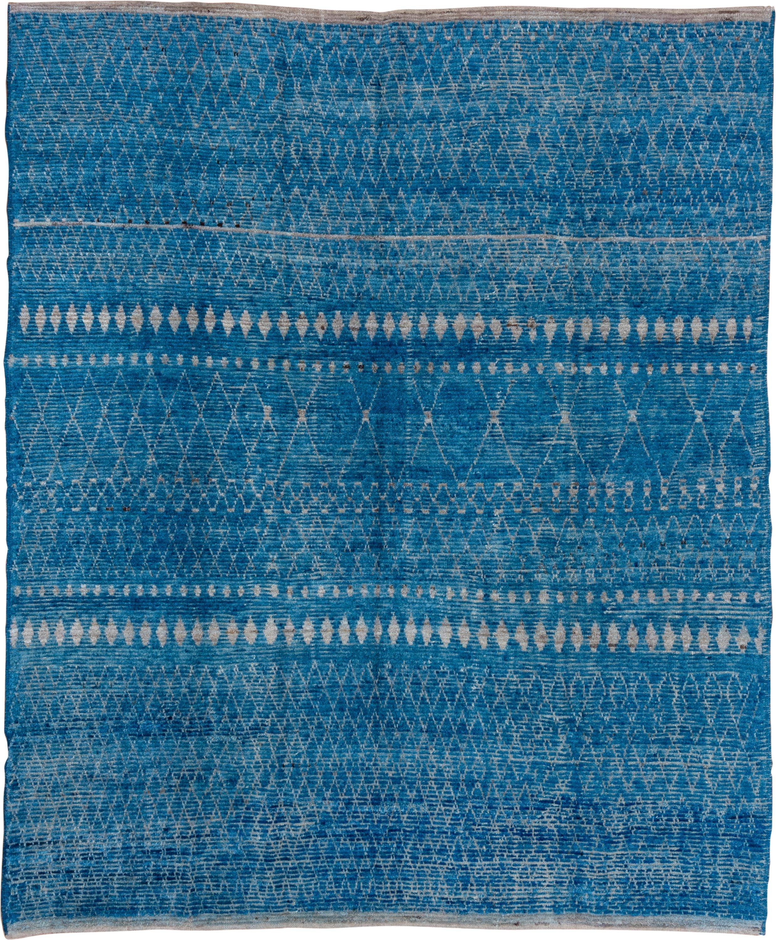 8' x 9' one-of-a-kind handmade vintage Tulu rug. Color palette: turquoise, ivory, sky blue, slate, teal, light blue, gray