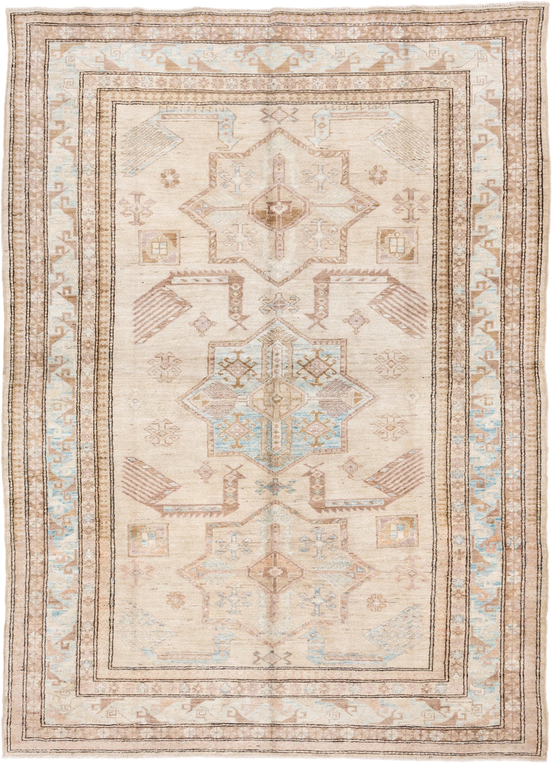 6' x 8' one-of-a-kind handmade vintage Sivas medium size rug. Color palette: ivory, beige, sky blue, taupe, camel, brown