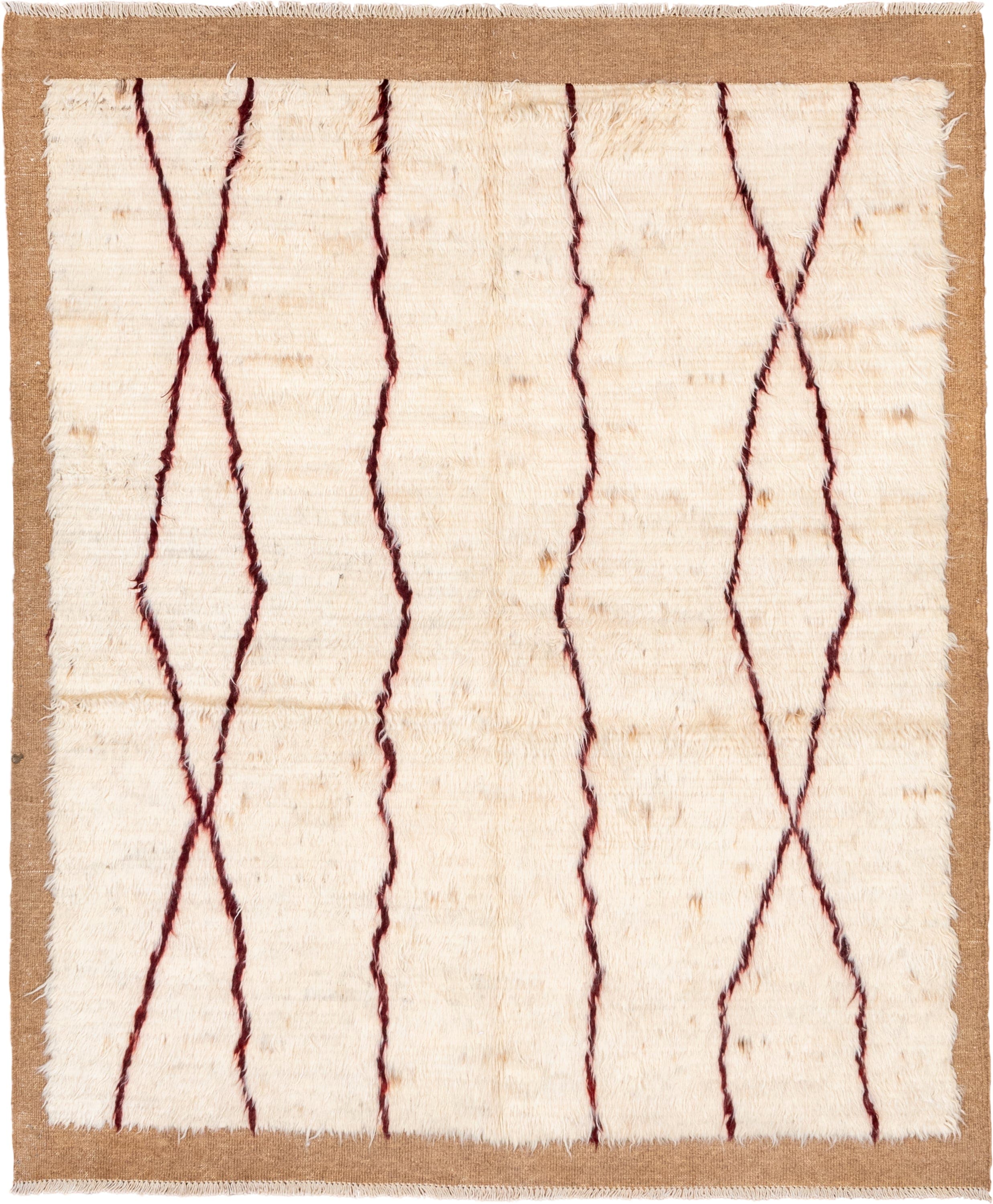 5' x 6' one-of-a-kind handmade vintage Moroccan rug. Color palette: ivory, camel, burgundy, cream, beige