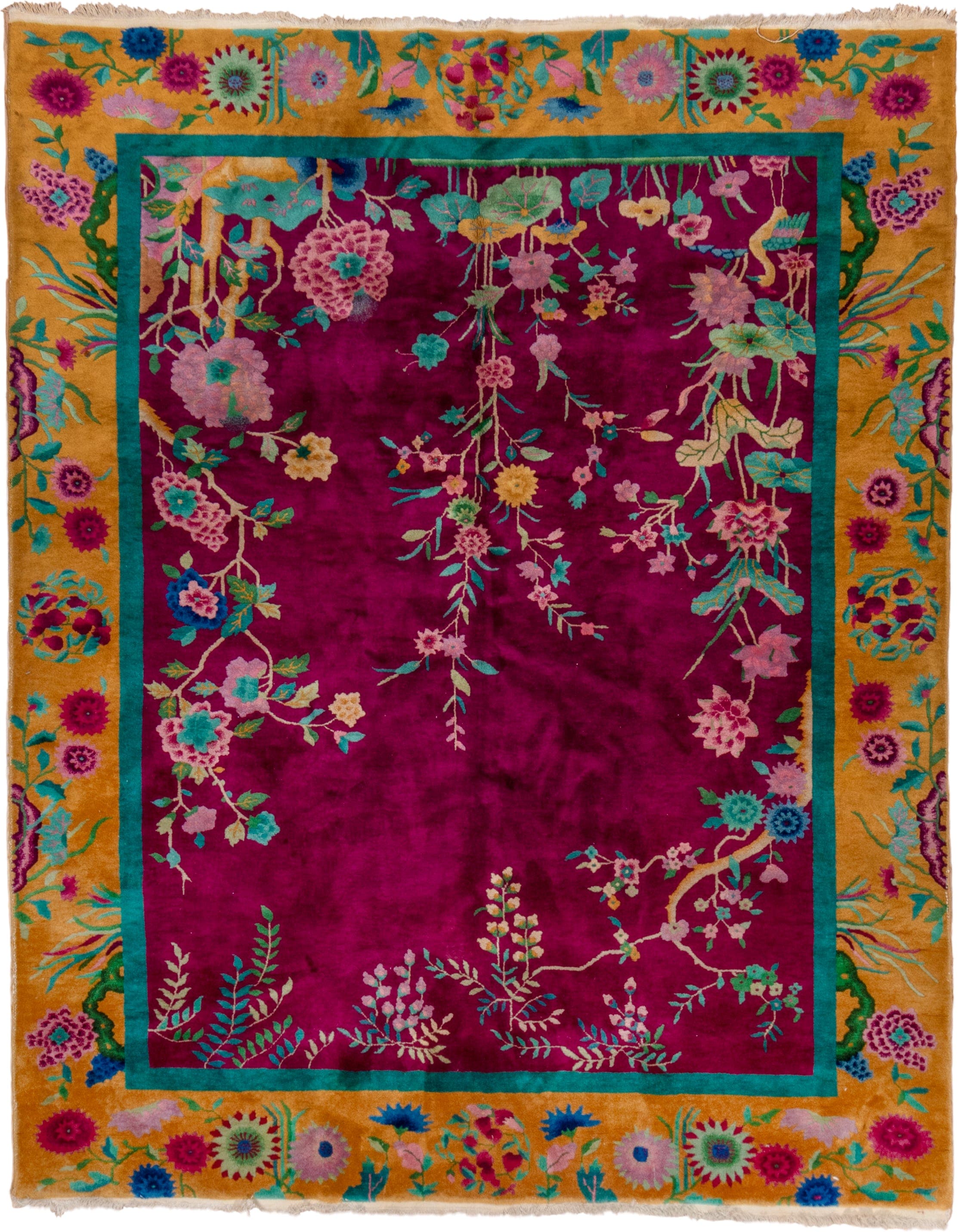 7' x 9' one-of-a-kind handmade vintage Chinese rug. Color palette: magenta, gold, turquoise, pink, teal, ivory, blue, green