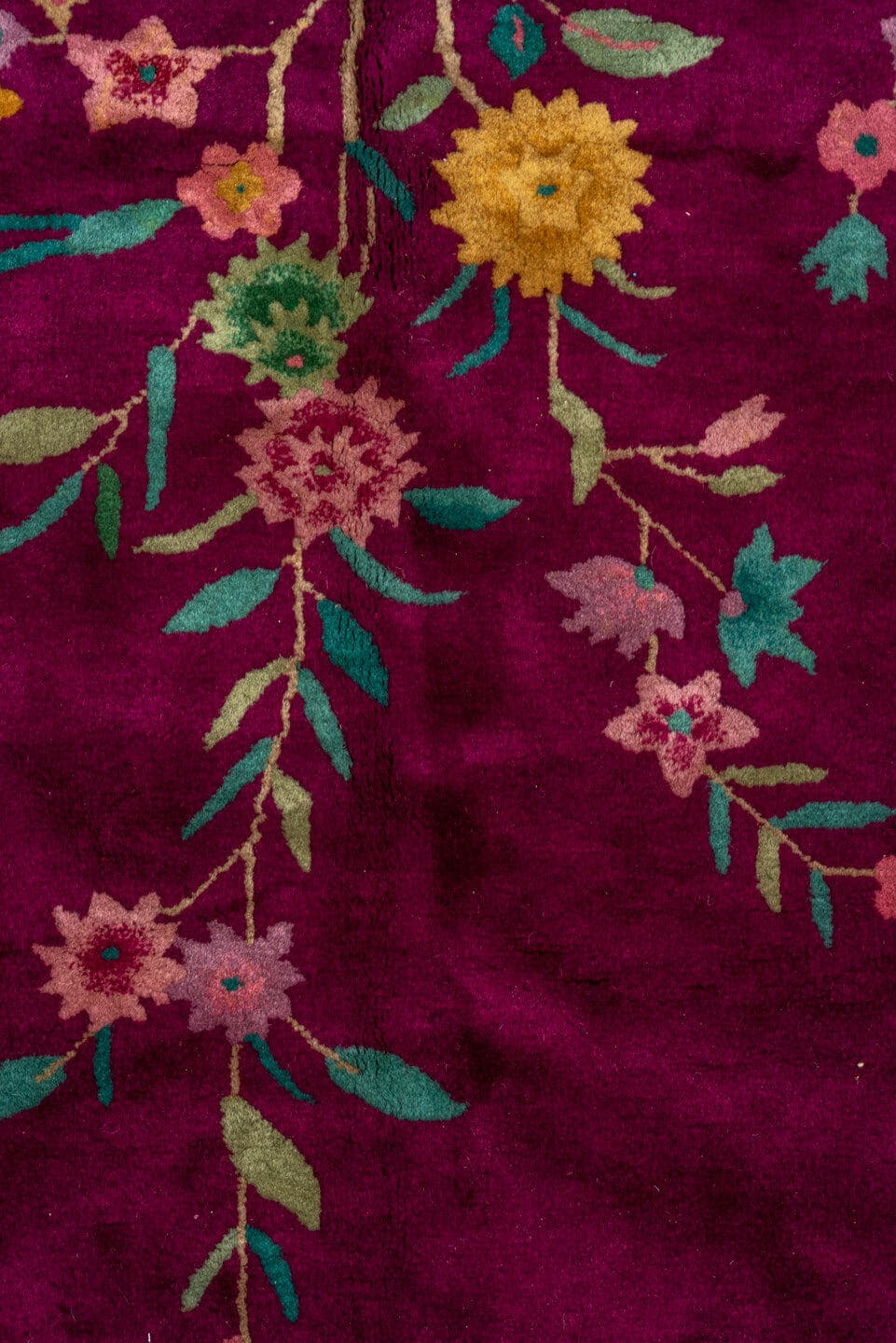 7' x 9' one-of-a-kind handmade vintage Chinese rug. Color palette: magenta, gold, turquoise, pink, teal, ivory, blue, green