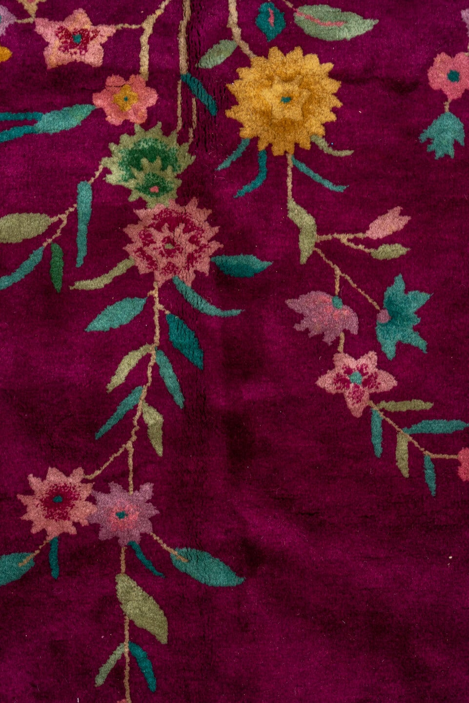 7' x 9' one-of-a-kind handmade vintage Chinese rug. Color palette: magenta, gold, turquoise, pink, teal, ivory, blue, green