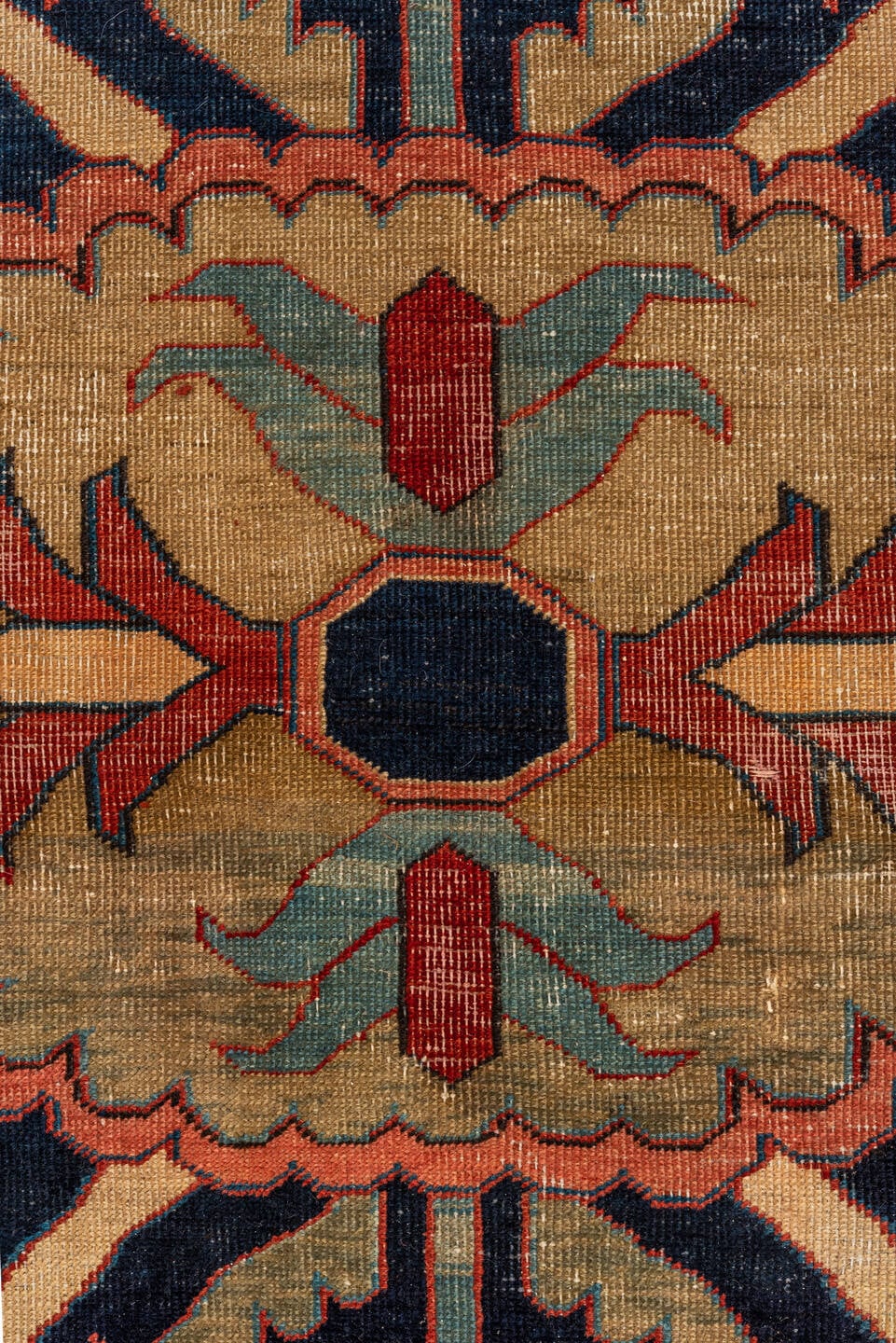 12' x 16' one-of-a-kind handmade vintage Serapi oversize rug. Color palette: red, navy, ivory, rust, sky blue, sage, camel