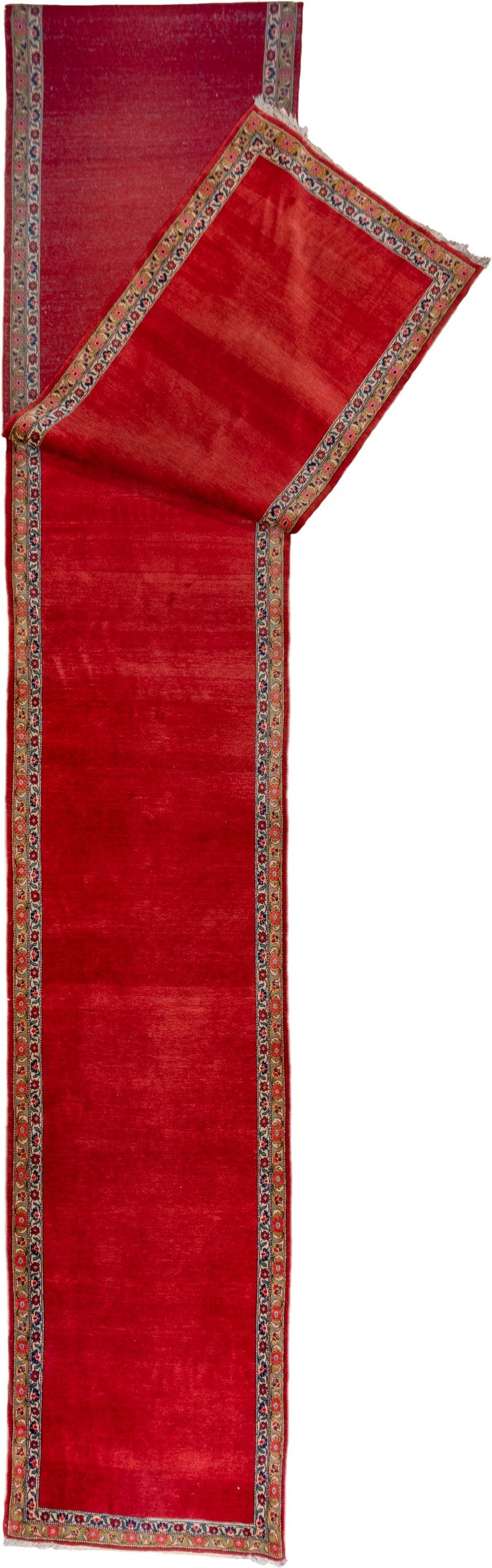 3' x 28' one-of-a-kind handmade vintage Kashan runner rug. Color palette: red, crimson, rose, ivory, navy, sage, gold, pink
