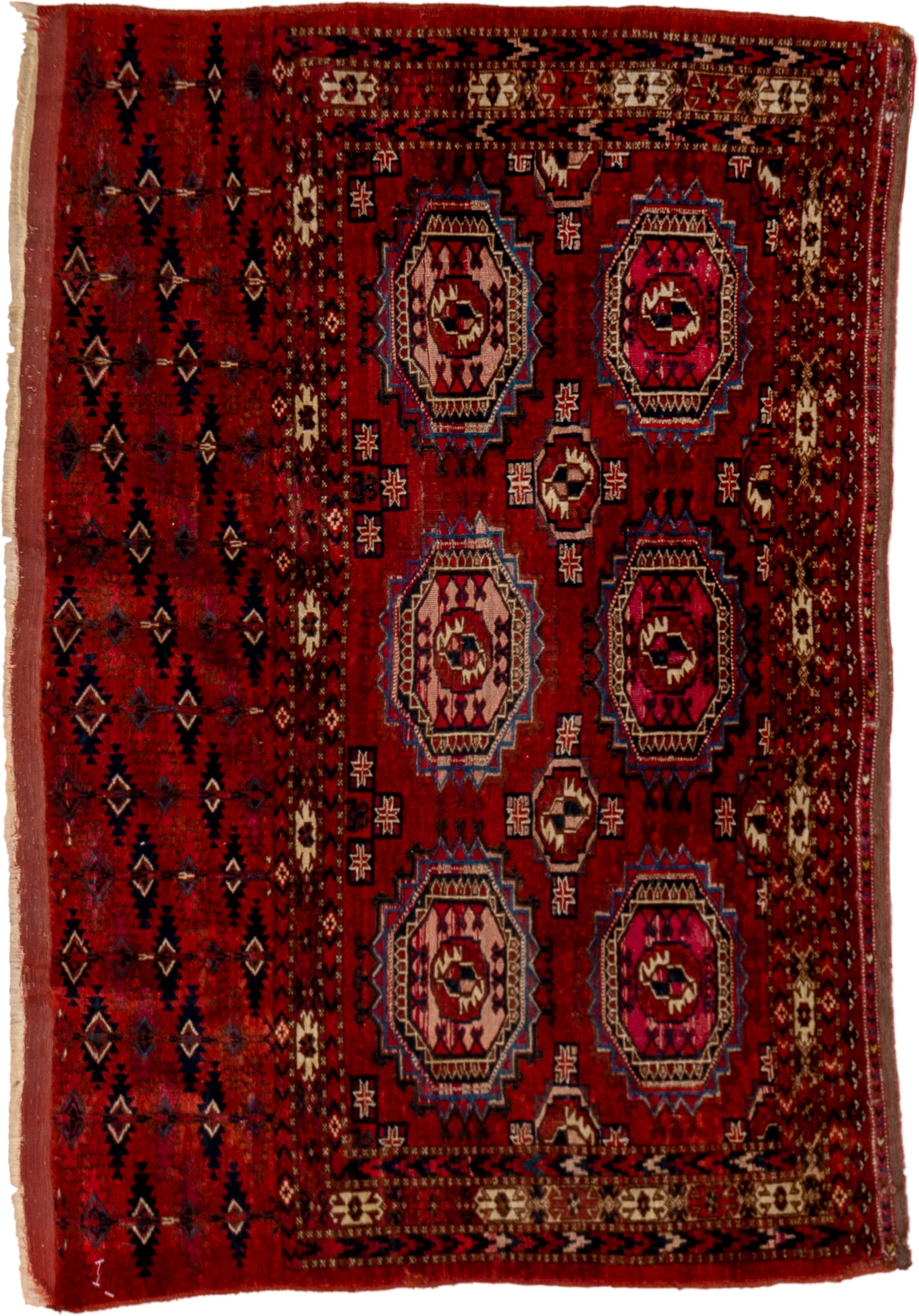 2' x 4' one-of-a-kind handmade vintage Teke small size rug. Color palette: red, burgundy, ivory, navy, rose, brown, black