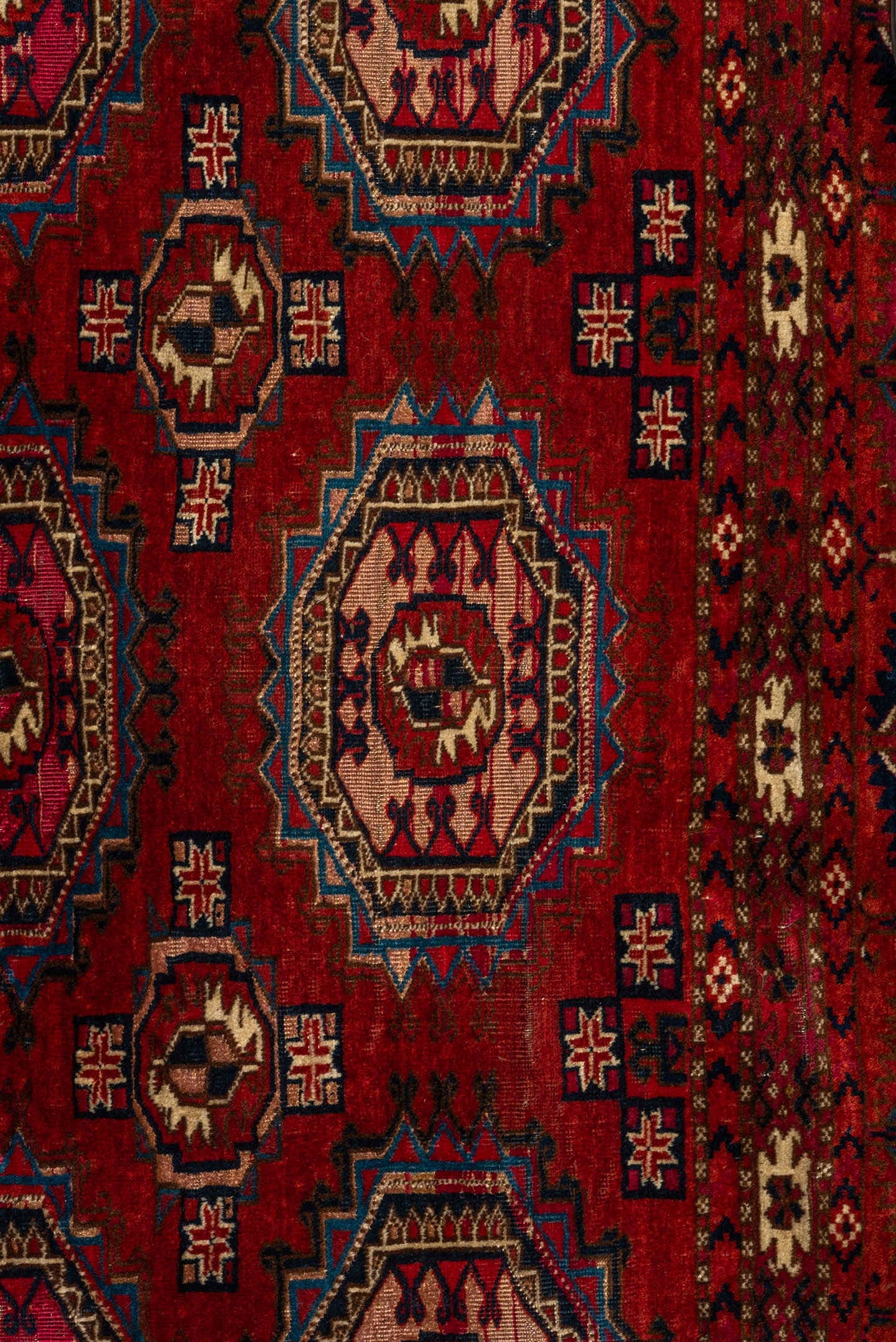 2' x 4' one-of-a-kind handmade vintage Teke small size rug. Color palette: red, burgundy, ivory, navy, rose, brown, black
