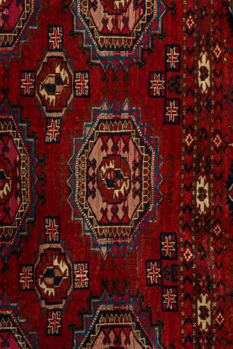 2' x 4' one-of-a-kind handmade vintage Teke small size rug. Color palette: red, burgundy, ivory, navy, rose, brown, black