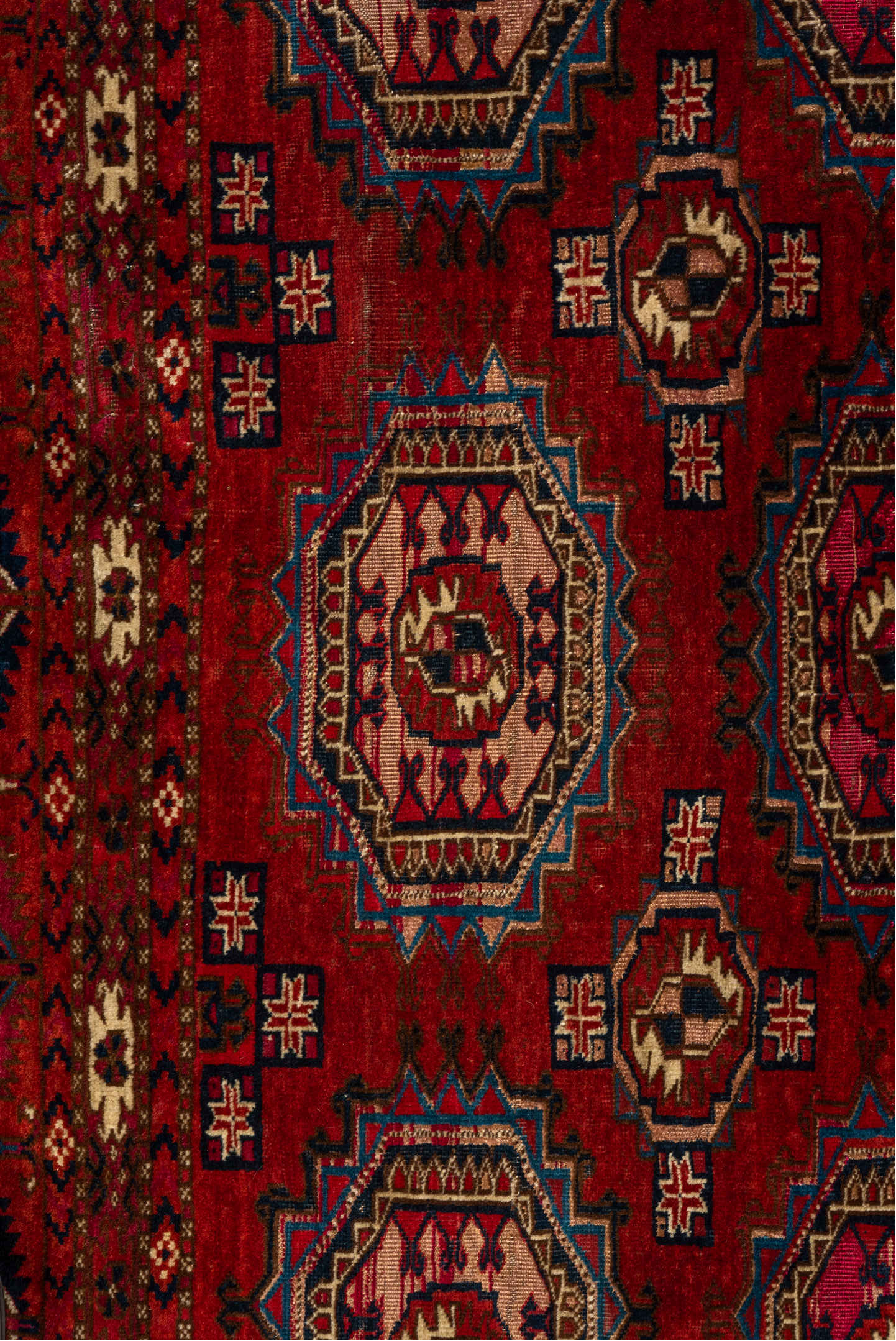 2' x 4' one-of-a-kind handmade vintage Teke small size rug. Color palette: red, burgundy, ivory, navy, rose, brown, black