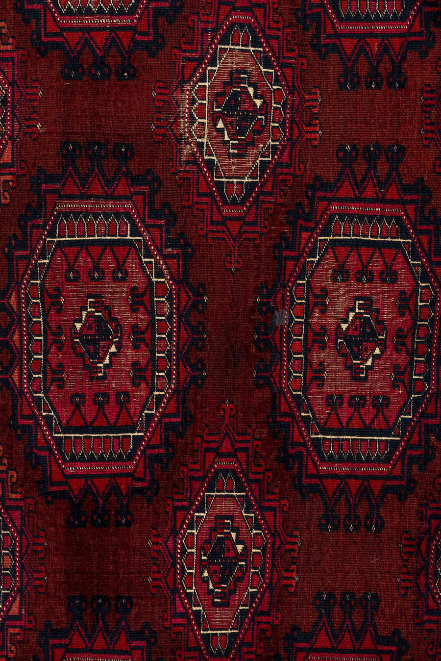 2' x 5' one-of-a-kind handmade vintage Teke small size rug. Color palette: burgundy, crimson, rust, ivory, charcoal, rose