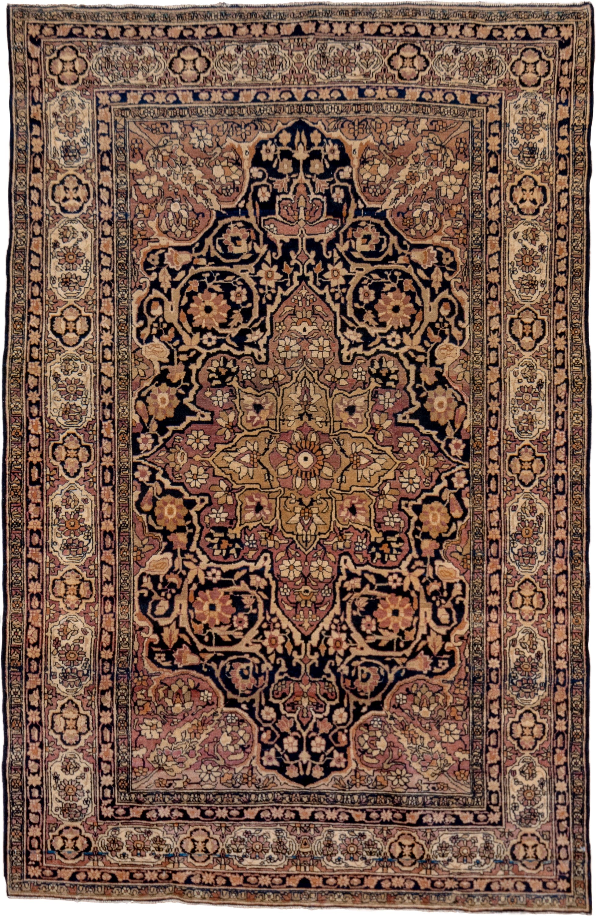 4' x 6' one-of-a-kind handmade vintage Lavar rug. Color palette: navy, ivory, rose, camel, gold, taupe, brown, blue, pink